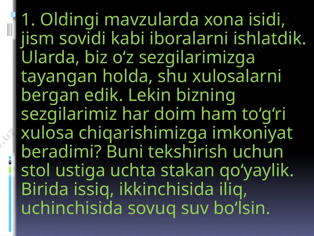erda tabiiy sharoitda antarktikada minus 88°c temperatura qayd etilgan (1960-y. ilmiy stansiyada). hisob-kitoblarga qaraganda temperaturaning quyi chegarasi minus 273,15°c ga teng. uy sharoitida biz qanday temperaturalar bilan ish ko‘ramiz? suv 100°c da qaynaydi. uni qaynatish uchun ishlatilgan tabiiy gaz alangasida temperatura 1500– 1800°c ga boradi. cho‘g‘lanma elektr lampochkasidagi temperatura 2500°c atrofida bo‘ladi. nazorat savollari agar havoning temperaturasi odam tanasining temperaturasidan yuqori bo‘lsa, tibbiyot termometri vositasida bemor temperaturasini qanday o‘l chash mumkin? 2. termometr naychasining diametri kichraytirilsa, termometr ko‘rsa tishining aniqlik darajasi qanday o‘zgaradi? 3. tibbiyot termometrini qanday suvda yuvish kerak? sovuq suvdami yoki issiq suvdami? e’tiboringiz uchun rahmat image2.png image3.jpg /docprops/thumbnail.jpeg