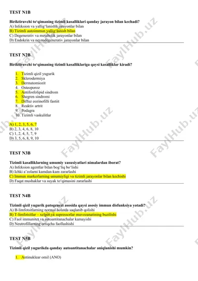 tizimli kasalliklar haqida testlar — DOCX