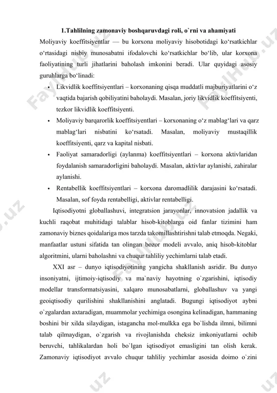 hini bir xilda silaydigan, istagancha mol-mulkka ega bo`lishda ilmni, bilimni talab qilmaydigan, o`zgarish va rivojlanishda cheksiz imkoniyatlarni ochib beruvchi, tahlikalardan holi bo`lgan iqtisodiyot emasligini tan olish kerak. zamonaviy iqtisodiyot avvalo chuqur tahliliy yechimlar asosida doimo o`zini yangilab boruvchi, tartibga soluvchi va turli tahlikalarga ta`sirchan murakkab tizimga aylanib bormoqda. xo`sh iqtisodiyotda, uning makro va mikro ko`lamdagi boshqaruvida tahlilning roli, o`rni va ahamiyati nimada? makroko`lamda tahlil fan sifatida shakllanmagan. lekin bu bilan makroko`lamda tahlil amalga oshirilmaydi degani emas. uning muhim jihatlari boshqa fanlar (iqtisodiyot, makroiqtisodiyot, marketing, statistika va h.k.) doirasida amalga oshiriladi. mikroko`lamda esa tahlil oldiga bir qator murakkab vazifalar qo`yiladi va ularni hal etish orqali quyi bo`g`in hisoblangan xo`jalik yurituvchi subyektlarning moliya-xo`jalik faoliyatining tashxisi qo`yiladi. xo`jalik yurituvchi subyektlar faoliyatini o`rganish va tahlil etish orqali ularning samarali faoliyatini yo`lga qo`yish va uni o`stirish imkoniyatlarini baholashda, korxona ishlab chiqarish, tijorat va moliya faoliyatidan moliyaviy resurslarning kirimiga va ulardan moliyaviy holatni o`stirishda foydalanish darajalariga, …