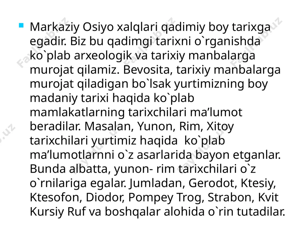 da numizmatik manbalar ham muhim ahamiyatga ega. o`rta osiyo tarixidagi ilk tangalar bu miloddan avvalgi vi asrda ahamoniylar davriga tegishli tangalar hisoblanadi. ular bu yerda o`zlarning kumush va mis tangalarini zarb ettirganlar. ulardan keyingi hukron sulolalar ham o`zlarining tangalarini zarb ettirganlar. ularda asosan hukmdor tasviri suvoriy yoki sulola tamg`alari bilan bezatilib zarb etilgan. biz bu tangalar orqali o`sha davr tarixi, madaniyati, yozuvi va boshqa ko`plab ma’lumotlarni bilib olishimiz mumkin. o`rta osiyodan topilgan tangalar (mil avv. iv-ii asrlar) yozma manbalarning shunday turlari borki bu folklor va lingivistik manbalardir. ular asosan o`lkamizning qadimgi madaniyati shu jumladan, o`sha davr tili, urf odati, diniy tasavvurlar, marosim va tadbirlar haqida ma’lumotlar beradi. bunga misol qiolib yuqorida qayt etib o`tilganidek o`rxun-enasoy yodgorliklarini misol qilishimiz mukin. bu manbalar yana bir muhim lingivistik ma’lumotlarni ham beradi. yana misol qilib mahmud qoshg`ariyning “devonu lug`at at-turk” asari hisoblanadi bu asardagi 6727 ta lug`at maqolasida olim turkiy urug`lar qabilalarning tili madaniyati, …
