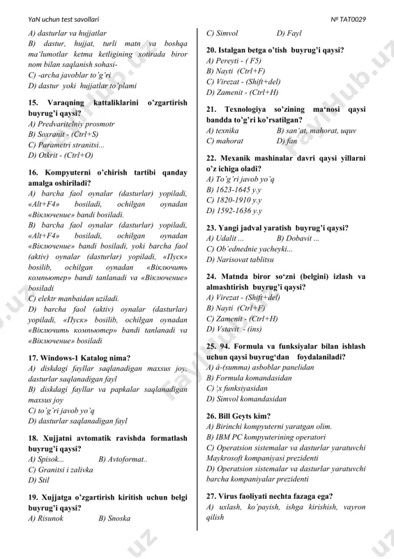 g’i qaysi? a) otmenit vvod - (alt+backspace) b) kopirovat -( ctrl+ins) eki ctrl+c c) sozdat - (ctrl+n) d) otkrit - (ctrl+o) 12. xujjatlarni birini- biriga qo’shib, umumiy xujjat yaratish buyrug’i qaysi? a) parametri... b) nastroyka... c) pravopisanie...(f7) d) sliyanie... 13. matnda biror so‘zni (belgini) izlash buyrug’i qaysi? a) nayti (ctrl+f) b) zamenit - (ctrl+h) c) virezat - (shift+del) d) vstavit - (ins) 14. . fаyl deb nimaga aytiladi? a) dasturlar va hujjatlar b) dastur, hujjat, turli matn va boshqa ma‘lumotlar ketma ketligining xotirada biror nom bilan saqlanish sohasi- c) -archa javoblar to’g’ri d) dastur yoki hujjatlar to’plami 15. varaqning kattaliklarini o’zgartirish buyrug’i qaysi? a) predvaritelniy prosmotr b) soxranit - (ctrl+s) c) parametri stranitsi... d) otkrit - (ctrl+o) 16. kompyuterni o’chirish tartibi qanday amalga oshiriladi? a) barcha faol oynalar (dasturlar) yopiladi, «alt+f4» bosiladi, ochilgan oynadan «вiключение» bandi bosiladi. b) barcha faol oynalar (dasturlar) yopiladi, «alt+f4» bosiladi, ochilgan oynadan «вiключение» bandi bosiladi, …