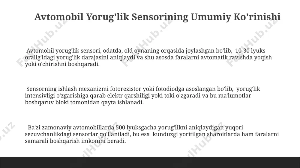 arning javob berish vaqti o'rtacha 0.1-0.5 soniyani tashkil etadi, bu esa tezda o'zgarib turuvchi yorug'lik sharoitlariga moslashishni ta'minlaydi. ba'zi sensorlar infraqizil nurlanishni aniqlab, 100 m gacha masofani ko'rishi mumkin, bu esa yomon ob-havo sharoitida ham samarali ishlash imkonini beradi. e'tiboringiz uchun rahmat @taqdimot_robot