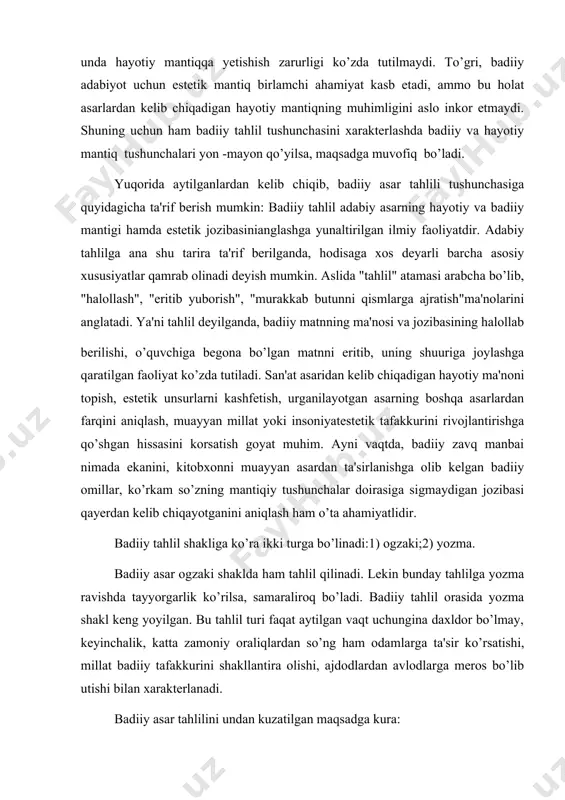 shi, o’quvchiga begona bo’lgan matnni eritib, uning shuuriga joylashga qaratilgan faoliyat ko’zda tutiladi. san'at asaridan kelib chiqadigan hayotiy ma'noni topish, estetik unsurlarni kashfetish, urganilayotgan asarning boshqa asarlardan farqini aniqlash, muayyan millat yoki insoniyatestetik tafakkurini rivojlantirishga qo’shgan hissasini korsatish goyat muhim. ayni vaqtda, badiiy zavq manbai nimada ekanini, kitobxonni muayyan asardan ta'sirlanishga olib kelgan badiiy omillar, ko’rkam so’zning mantiqiy tushunchalar doirasiga sigmaydigan jozibasi qayerdan kelib chiqayotganini aniqlash ham o’ta ahamiyatlidir. badiiy tahlil shakliga ko’ra ikki turga bo’linadi:1) ogzaki;2) yozma. badiiy asar ogzaki shaklda ham tahlil qilinadi. lekin bunday tahlilga yozma ravishda tayyorgarlik ko’rilsa, samaraliroq bo’ladi. badiiy tahlil orasida yozma shakl keng yoyilgan. bu tahlil turi faqat aytilgan vaqt uchungina daxldor bo’lmay, keyinchalik, katta zamoniy oraliqlardan so’ng ham odamlarga ta'sir ko’rsatishi, millat badiiy tafakkurini shakllantira olishi, ajdodlardan avlodlarga meros bo’lib utishi bilan xarakterlanadi. badiiy asar tahlilini undan kuzatilgan maqsadga kura: 1) ilmiy (filologik); 2) o’quv (didaktik) singari ikki turga bo’lish mumkin. filologik …