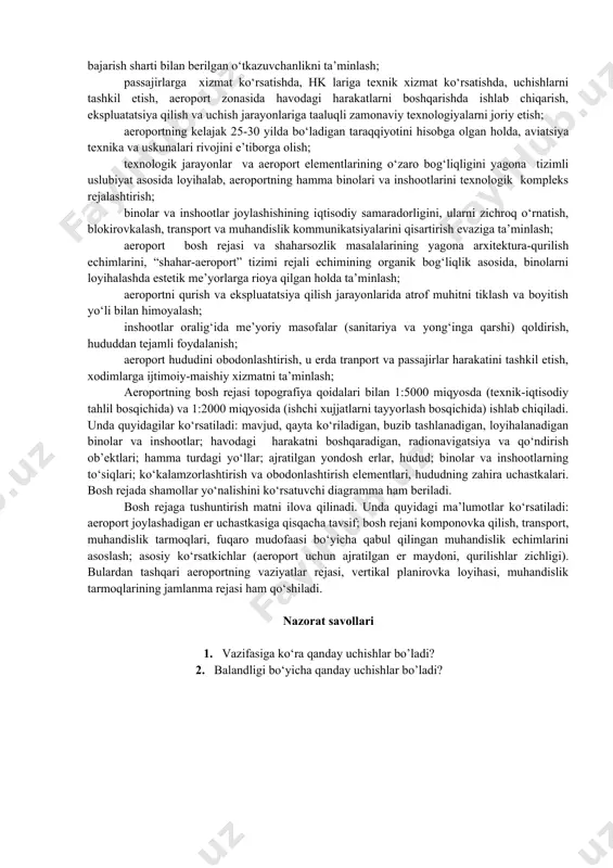 h maydonlari qurilib jihozlanishi mumkin, bunda qo‘nish uchun band bo‘lmagan tasmalar ajratiladi va yon tomondan to‘siqlar qo‘yiladi. vertolyotlar bilan passajirlar va yuklar tashish uchun vertolyot maydonchasi yoniga maxsus bino quriladi yoki aeroport binosidan maxsus joylar ajratiladi. aerodromlar aeroportlarga qaraganda ko‘proq belgilar asosida tasniflanadi. asosiy belgilar – uchish-qo‘nish tasmasi (uqt) ning o‘lchamlari va yuk ko‘tarish qobiliyati (me’yoriy yuklama). shularga qarab aerodromlar a,b,v,g,d,e klasslariga bo‘linadi. uchish tasmalari (ut) ning (standart sharoitlarda), chekka va yon xavfsizlik tasmalari, aerodrom oldi hududlarning o‘lchamlari fuqaro aerodromining ekspluatatsiyaga yaroqlilik me’yorlari asosida belgilanadi. odatda, aeroport klassi nufuziga ko‘ra aerodrom klassi bilan bir-biriga to‘g‘ri kelishi kerak. masalan, i klass aeroporti a klass aerodromiga, ii klass aeroporti b klass aerodromga ega bo‘lishi lozim. ayrim hollarda, ijtimoiy-iqtisodiy yoki davlat ahamiyatidagi zaruriyatga ko‘ra, bunday moslik bo‘lmasligi mumkin. ekspluatatsiya vazifasiga ko‘ra aerodromlar quyidagi turlarga bo‘linadi: trassa aerodromlari (aeroportlarning aerodromlari) - havo trassalari yoqasida joylashgan aerodromlar bo‘lib passajirlar, yuklar va pochtani tashiydigan transport hk …