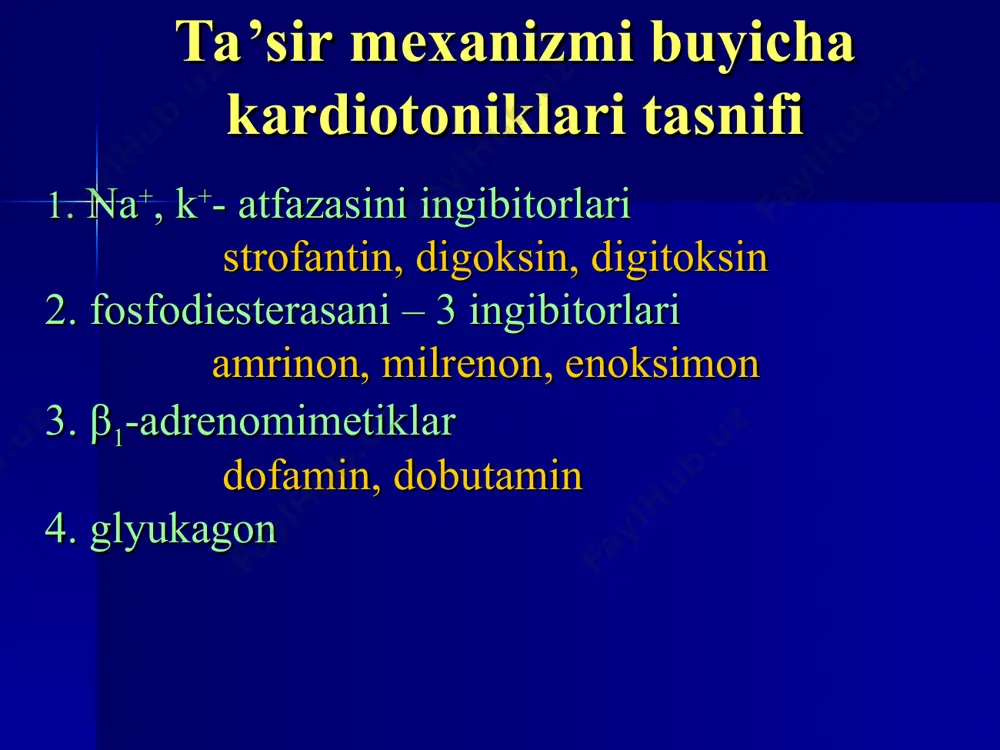 dir, natijada yurakning minutli va zarb hajmi ortadi. manfiy xronotorop ta’sir – yurak qisqarishlar sonining kamayishi. aorta ёyi baroreseptorlari va karotid sinusi rag'batlanishi natijasida qaysar nerv tonusi ortiradi. natijada sinus tuguni avtomatizmi pasayadi va yuqs kamayadi. * manfiy dromotrop ta’sir – av-tugundagi refrakterlikning uzayishi va undan impuls o'tkazilish tezligini sekinlashishidir. yug qabul qilinganda diastola uzayadi va qorinchalarning to'lishi yaxshilanadi va tabiiy, yurak zarb hajmi ortadi. musbat batmotrop ta’sir – miokard qo'zgaluvchanligining va o'tkazuvchan tizimdagi avtomatizmning ortishidir. miokard qo'zgaluvchanligini ortishi natijasida aritmiyalarga olib kelishi mumkin. * ekstrakardial ta’sirlari: siydik xaydovchi sedativ silliq muskullarga stimullovchi ta’sir dozalash tartibi: yurak glikosiglari bilan davolashda 2 bosqich mavjud: 1-bosqich: digitalizasiyalash, yani aniq terapevtik samara olmaguncha organizmi (miokardni) glikozidlari bilan to'yintirish. 2-bosqich: ushlab turuvchi dozalarni yuborish yo'li bilan preparatning qondagi miqkdorini ushlab turush. digitalizasiyaning 3 xil usuli mavjud tezkor usul, bunda yug bilan to'yintirish 1-2 kun davomida o'tkaziladi o'rtacha usul, bunda yug bilan to'yintirish 3-5 kun …