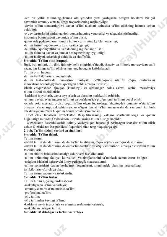 utilganidan boshqacha qoidalar belgilangan bo‘lsa, xalqaro shartnoma qoidalari qo‘llaniladi. 3-modda. asosiy tushunchalar. ushbu qonunda quyidagi asosiy tushunchalar qo‘llaniladi: - davlat akkreditatsiyasi — davlat ta’lim muassasalari va tashkilotlari, shuningdek nodavlat ta’lim tashkilotlari (bundan buyon matnda ta’lim tashkilotlari deb yuritiladi) faoliyatining davlat ta’lim standartlari va davlat ta’lim talablariga hamda o‘quv dasturlariga muvofiqligining davlat tomonidan e’tirof etilishi hamda ularning bitiruvchilariga ma’lumot to‘g‘risidagi hujjatlarni topshirish huquqining taqdim etilishidan iborat jarayon; - davlat ta’lim muassasasi — davlat hokimiyati va boshqaruvi organlari tomonidan davlat mulki bo‘lgan mol-mulk negizida tashkil etilgan, davlat ta’lim standartlariga va davlat ta’lim talablariga muvofiq ta’lim beradigan muassasa; davlat ta’lim standartlari — davlat tomonidan ta’limning mazmuni va sifatiga nisbatan belgilanadigan talablar majmui; - davlat ta’lim talablari — ta’limning tuzilmasiga, mazmuniga va uni amalga oshirish shartsharoitlariga, shuningdek ta’lim oluvchilarning jismoniy, shaxsiy, intellektual, ilmiy hamda kasbiy sifatlariga qo‘yiladigan majburiy talablar; - malaka — shaxsning kasbiy faoliyatning muayyan turini bajarishga tayyorgarligini ifodalaydigan, ma’lumot to‘g‘risidagi tegishli hujjat …