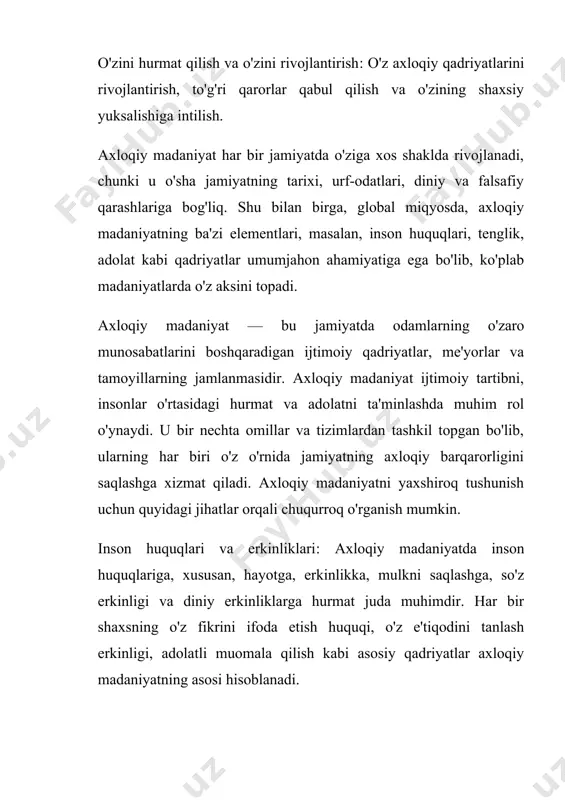 a'minlashga xizmat qiladi. bu jamiyatda amalga oshirilgan ijtimoiy o'zgarishlar, qonunlar, urf-odatlar va ijtimoiy boshqaruv tizimlari orqali ifodalanadi. masalan: qonun va tartib: axloqiy madaniyatni qo'llab-quvvatlash uchun davlat tomonidan qabul qilingan qonunlar va me'yorlar muhim rol o'ynaydi. jamiyatda adolat va barqarorlikni ta'minlash uchun axloqiy qadriyatlar davlat siyosatiga mos bo'lishi kerak. ta'lim va madaniyat: axloqiy madaniyatni rivojlantirishda ta'lim tizimi va madaniy o'rgatish jarayonlari katta ahamiyatga ega. odamlarga to'g'ri axloqiy qoidalarni o'rgatish, ularni axloqiy mas'uliyatga chaqirish jamiyatdagi ijtimoiy yaxlitlikni kuchaytiradi. me'yorlar va urf-odatlar: har bir jamiyatda o'ziga xos axloqiy me'yorlar va urf-odatlar mavjud bo'lib, ular jamiyat a'zolariga to'g'ri va noto'g'ri xatti-harakatlarni o'rgatadi. masalan, hurmat, mehmondo'stlik, adolat kabi qadriyatlar jamiyatning kundalik hayotiga singib ketgan. axloqiy madaniyat va ijtimoiy masalalar: axloqiy madaniyat, shuningdek, zamonaviy ijtimoiy masalalar bilan chambarchas bog'liqdir. misol uchun, ekologik axloqiy masalalar, gender tengligi, migratsiya, global isish, inson huquqlari kabi masalalar jamiyatning axloqiy madaniyatiga ta'sir ko'rsatmoqda. bu masalalar bo'yicha axloqiy qarorlar jamiyatni barqaror rivojlantirishga, …