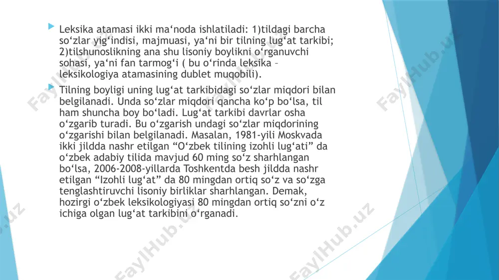 dqiq qilishdan umumiy leksikologiya tajribalari va xulosalariga tayanadi. u o‘z navbatida tavsifiy (sinxron) va tarixiy (diaxron) leksikologiya kabi turlarga bo‘linadi: a) tavsifiy leksikologiya tavsifiy leksikologiyada ayrim olingan bir tilning, masalan, o‘zbek tilining leksikasi statik holatda – shu tilning leksikasining avvalgi (o‘tmishdagi) taraqqiyot dinamikasiga bog‘lanmay o‘rganiladi, shunga ko‘ra u sinxron leksikologiya sanaladi. b) tarixiy leksikologiya tarixiy leksikologiyasida ayrim olingan bir tilning leksikasi dinamik holatda – tarixiy taraqqiyot jarayoni bilan bog‘lab o‘rganiladi, shunga ko‘ra u diaxron leksikologiya sanaladi. leksikologiyaning boshqa fanlar bilan aloqasi leksikologiya tilshunoslikning semasiologiya, onomasiologiya, etimologiya va frazeologiya kabi bo‘limlari bilan hamkorlikda ish ko‘radi, bunday hamkorliksiz tilning lug‘at boyligidagi leksik-semantik hodisalarni, lug‘at tarkibi taraqqiyotiga oid til faktlarini to‘g‘ri yoritib bo‘lmaydi: semasiologiyada lug‘aviy birliklarning mazmun plani – semantik tarkibi va shu bilan bog‘liq masalalar tadqiq qilinadi: onomasiologiyada narsa-hodisalarni yoki tushunchalarni nomlash prinsiplari o‘rganiladi; etimologiyada so‘zlarning kelib chiqishi aniqlanadi; frazeologiyada tilning lug‘at boyligidagi ko‘chma ma‘noli turg‘un konstruksiyalar – frazemalar xususida bahs yuritiladi. …