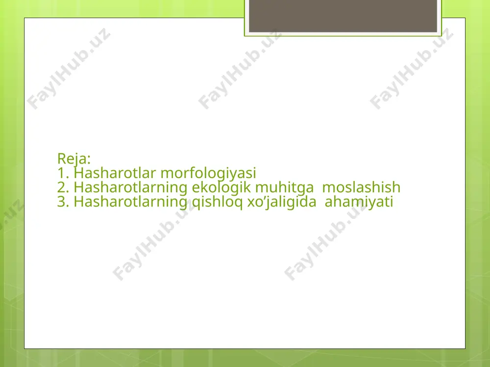 anish xususiyatlari, iqlim sharoitlari va boshqa tabiiy faktorlar bilan bog'liq. hashoratlar ekologik muhitga moslashish jarayonida bir nechta asosiy yo'nalishlarga ega bo'lib, ular har xil ekologik sharoitlarda yashash imkoniyatini ta'minlaydi. bu moslashuvlar quyidagicha bo'lishi mumkin: 1. morfologik moslashuvlar: tana shakli va tuzilishi: ko'plab hashoratlar tana shaklini o'zgarishiga qarab ekologik muhitga moslashadi. misol uchun, qushlarni havoda uchishiga imkon beradigan yengil va aerodinamik shaklga ega bo'lishi mumkin. qo'llar va oyoqlar: hashoratlar, yashash muhitiga mos ravishda, o'z oyoq va qo'llarini turlicha rivojlantirgan. masalan, baliqlar suzish uchun peralariga ega, qushlar esa uchish uchun qanotlariga. 2. fiziologik moslashuvlar: temperatura va namlikka moslashuv: hashoratlar o'z tana haroratini muhitning haroratiga qarab boshqarishadi. masalan, issiq muhitda yashovchi hayvonlar sovuqqa qarshi qarshi chiroqni kamaytiradi, shuningdek, qishloqlarda yashovchilar energiyani tejashga harakat qiladi. oziqlanish tizimi: hashoratlar oziqlanishi va hazm qilish tizimi turli xil ekologik sharoitlarga moslashgan. masalan, o'simliklar bilan oziqlanadigan hayvonlar o'z organizmlarini o'simliklar moddalarini yaxshilashga moslashtirgan. 3. behavioral moslashuvlar: faoliyat soati …