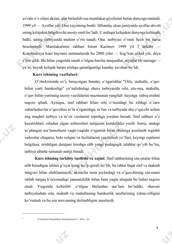 igan, mustaqil fikrlovchi kadrlarni tayyorlashda oila, mahalla va o’quv bilim yurti nufuzini yanada yuqori pog’onaga ko’tarishni taqzo etadi. zero, ta’lim-tarbiyani takomillashtirishda ham davlat bosh islohotchidir, prezidentimiz i.a.karimov ta’kidlaganlaridek, birinchidan, yosh avlodga o’zligimizni, muqaddas an’analarimizni anglash tuyg’ularini, xalqimizning ko’p asrlar davomida shakllangan ezgu orzularini, jamiyatimiz oldiga bugun qo’yilgan oliy maqsad va vazifalarni singdirish; ikkinchidan, jamiyatimizda bugun mavjud bo’lgan hurfikrlikdan qat’iy nazar yoshlarni jipslashtiradigan, xalqimiz va davlatimiz daxlsizligini asraydigan, el-yurtimizni eng yuksak maqsadlar sari chorlaydigan yagona g’oya — milliy mafkuraga sadoqat ruhida tarbiyalash; uchinchidan, yoshlarni baynalmilal jahon hamjamiyatida, xalqaro maydonda o’zbekistonga munosib hurmat tug’dirish uchun intilish ruhida tarbiyalash; to’rtinchidan, yosh avlodni vatanparvarlik, el-yurtga sadoqat, yuksak odamiylik va insoniy fazilatlar ruhida tarbiyalash; beshinchidan, yosh avlodni ulug’ ajdodlarimizning munosib vorislari ekanliklari, ayni vaqtda jahon va zamonning umumbashariy yutuqlarini egallash ruhida tarbiyalash o’zbekistonda o’quvchi-yoshlarni tarbiyalashning eng dolzarb masalasidir. davlatimiz rahbari ko’rsatib berganidek, ta’lim-tarbiya sohasidagi islohotlar: birinchidan, ijtimoiy-siyosiy iqlimga ijobiy ta’sir ko’rsatishga, umuman mamlakatdagi mavjud muhitni …