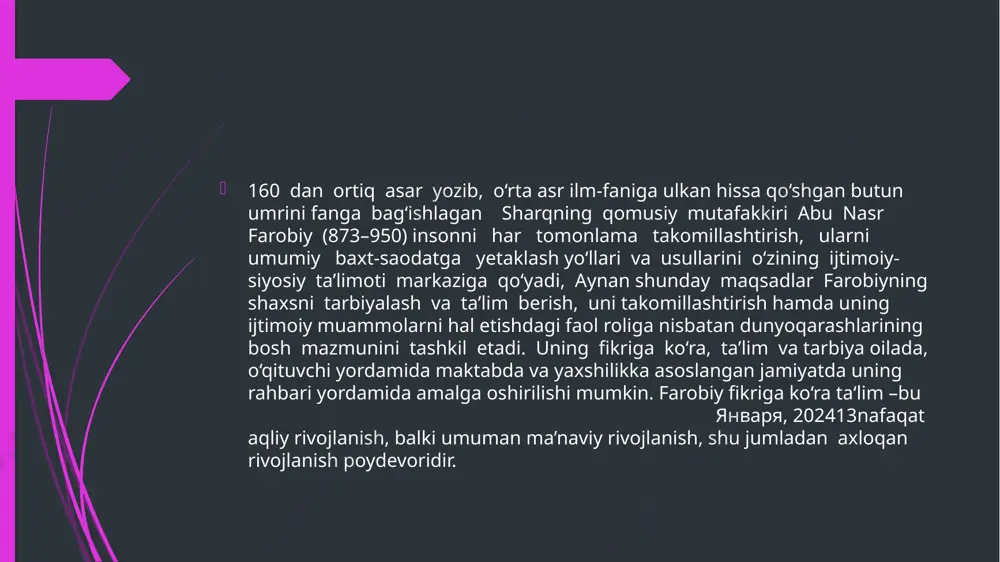 lar uchun maxsus maktablar tashkil etish muammosiga alohida e’tibor beradi. a .avloniy agar tarbiya qiluvchi muallim olim bo‘lib, amalsiz bo‘lsa, bu shogirdlar axloqiga yomon ta’sir ko‘rsatadi.sharq mutafakkirlari yaratgan shoh asarlardan nafaqat o‘rta osiyo, balki yevropa mamlakatlari ham foydalanib kelmoqda. ularning buyuk asarlari yillar davomida o‘zbek adabiyoti xazinasini boyitib, o‘quvchi –yoshlarni komil inson etib tarbiyalashda muhim manba bo‘lib xizmat qiladi. adabiyot» (i–iv kitoblar), «turkiy guliston», «maktab gulistoni» kabi kitoblarini yozadi va chop etadi. a.avloniy dunyoqarashining shakllanishida ilg‘or rus adabiyoti va madaniyati muhim rol o‘ynaydi. u a.s.pushkin, l.n.tolstoy, m.gorkiyning ijodiy meroslariga katta hurmat bilan munosabatda bo‘lgan va k.d.ushinskiyning pedagogik merosini yuqori baholagan. jadidchilik jadidchilik yoki jadidizm (arabcha: جديد jadīd — yangi) — xix asr oxiri xx asr boshida turkiston, kavkaz, qrim, tatariston hayotida muhim ahamiyat kasb etgan ijtimoiy-siyosiy, maʼrifiy harakat.[1] jadidchilik dastlab, xix asrning 80-yillarida qrimda vujudga keldi. xix asrning 90-yillaridan oʻrta osiyoda tarqaldi. jadidchilik avval madaniyat sohasidagi harakat sifatida faoliyat yuritgan. …