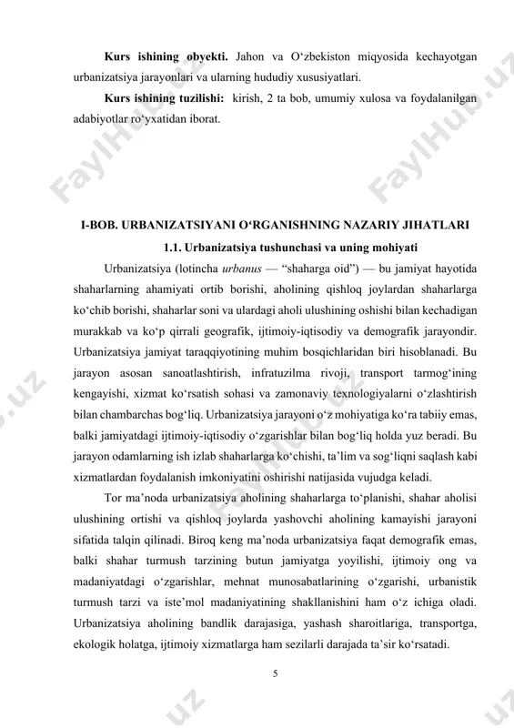 siya madaniy hayotga ham ta’sir ko‘rsatadi — san’at, adabiyot, ommaviy axborot vositalari, fan va texnologiyalar kabi sohalar asosan shahar markazlarida shakllanadi va rivojlanadi. bugungi kunda urbanizatsiya nafaqat ijtimoiy-iqtisodiy, balki siyosiy va ekologik siyosatning ham markaziy yo‘nalishlaridan biri sifatida ko‘rilmoqda. shu sababli urbanizatsiyani boshqarish, uning barqaror shakllarini yaratish va rivojlantirish global miqyosda dolzarb masala bo‘lib qolmoqda. urbanizatsiya jarayonlari har bir mintaqada o‘ziga xos tarzda kechadi. rivojlangan mamlakatlarda bu jarayon asosan me’yoriy rivojlanishga asoslangan bo‘lsa, rivojlanayotgan davlatlarda tez o‘sish, tartibsiz qurilish va ijtimoiy infratuzilma muammolari bilan bog‘liq. demak, urbanizatsiya bugungi zamonaviy jamiyat taraqqiyotining ajralmas qismi bo‘lib, uning ijobiy va salbiy jihatlarini to‘g‘ri boshqarish orqali davlatlarning ijtimoiy-iqtisodiy barqarorligiga erishish mumkin. urbanizatsiya jamiyat taraqqiyotining murakkab va ko‘p qirrali jarayoni bo‘lib, u nafaqat shaharlarning o‘sishi yoki aholining joylashuvidagi o‘zgarish, balki kengroq ijtimoiy, iqtisodiy va madaniy o‘zgarishlarni ham o‘z ichiga oladi. bu jihatlar urbanizatsiyani nafaqat demografik hodisa, balki kompleks ijtimoiy-iqtisodiy va madaniy evolyutsiya sifatida o‘rganishga asos …