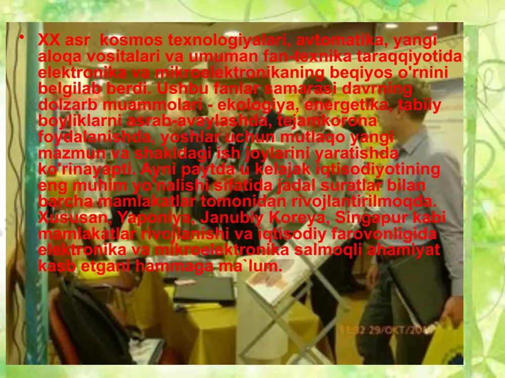 fundamental ilmiy ishlarga davlat tomonidan e`lon qilingan grantlarga taklif etilgan ilmiy loyihalar yaqqol ifodalaydi. . fizika sohasida taklif etilayotgan ilmiy mavzularning asosiy qismi mana shu yo'nalishga, uning rivojlanishiga va uning tadbig'iga yo'naltirilgan. respublika olimlarining bu sohada erishgan natijalari dunyodagi eng nufuzli ilmiy jurnallarda chop etilmoqda. umuman o'zbek olimlarining bu sohadagi yutuqlarini dunyo ilmiy jamoatchiligi tan olayapti. toshkent davlat texnika universitetida faoliyat ko'rsatib kelayotgan «elektronika va mikroelektronika» kafedrasi bu sohada kadrlar tayyorlash bo'yicha respublikada eng yirik, salohiyatli dargohdir. 2006-2007 o'quv yilida kafedra qoshida «nanotexnologiya» mutaxassisligi ochildi. bugunga kelib elektronika-mikroelektronika, nanoelektronika bo'yicha yetuk mutaxassis tayyorlash borasida mukammal asosda faoliyat yuritilmoqda. kafedraning «foton» ishlab chiqarish birlashmasi, o'zbekiston fanlar akademiyasi, fizika-texnika instituti, elektronika instituti, issiqlik fizikasi bo'limlari olimlari bilan ilmiy o'quv-tajriba almashish, bu ilmiy dargohlar uchun yetuk mutaxassislar tayyorlash imkoniyatini yanada oshirmoqda . kafedrada oxirgi o'n yillar davomida kremniy kristal panjarasi konsentratsiyasi, uning yuza va hajmida taqsimoti, zaryad holatlarini boshqariladigan nanostrukturalar-nanoklaster hosil etishga yangi …