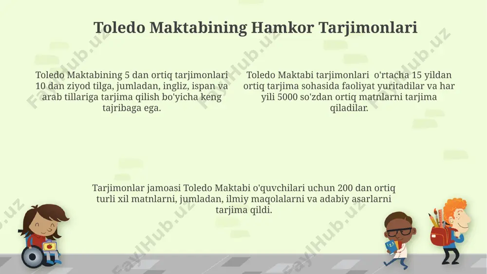 gi 5 tadan ortiq hamkorlik loyihasi samaradorligini baholash uchun kantitativ va sifatli maʼlumotlarni tahlil qilish tavsiya etiladi. kamida 3 xil turdagi matnlar (hujjatlar, adabiyot, badiiy asarlar) ustida oʻtkazilgan 20 ta tarjima topshirigʻining natijalari asosida, kelgusidagi hamkorliklar uchun strategiya ishlab chiqish kerak. tarjima jarayonining tezligi va aniqligi boʻyicha 10 nafar tarjimonning ishlarini taqqoslash orqali, toledo maktabining tarjima sifatini yaxshilash uchun aniq tavsiyalar berish mumkin. e'tiboringiz uchun rahmat @taqdimot_robot image1.png