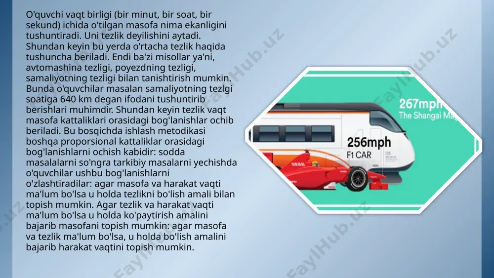 orning tezligi 16 km soat, yuk mashinasining tezligi undan 4 marta ortiq. yuk mashinasi stansiyadan xo'jalikka 2 soatda bordi. traktor necha soatda boradi? suv soatiga 3 km tezlik bilan oqadi; qayiq bilan suvning oqimi bo'ylab malum masofani bosib o'tishi uchun oqimga qarshi suzishga qaraganda 3 marta kam vaqt kerak bo'ladi. qayiqning turg'un suvdagi tezligini toping. bir poyezd ikkinchi roparadan kelayotgan poyezdning yonidan o'tib borayotir; birinchisi soatiga 50 km tezlik bilan, ikkinchisi esa 58 km tezlik bilan xarakatlanmoqda. birinchi poyezddagi yo'lovchi ikkinchi poyezdning 10 sekundda o'tib ketganini kuzatgan. ikkinchi poyezdning uzunligini toping. e ’ t i b o r i n g i z u c h u n r a x m a t image2.jpg image3.jpg image7.png image8.png image9.png image10.png image11.jpeg image1.jpg high pile of hardcover books