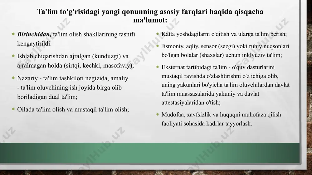 bekor qilish kadrlar tayyorlashning milliy modeli shaxs davlat va jamiyat uzluksiz ta'lim uzluksiz ta'limni tashkil etish va rivojlantirish printsiplari uzluksiz ta'limni isloh qilish yo'nalishlari 6. uzluksiz ta'lim tizimi va turlari. maktabgacha ta'lim. umumiy o'rta ta'lim. o'rta maxsus, kasb-hunar ta'limi oliy ta'lim oliy o'quv yurtidan keyingi ta’lim kadrlar malakasini oshirish va ularni qayta tayyorlash maktabdan tashqari ta’lim kadrlar tayyorlash tizimida fan kadrlar tayyorlash tizimida ishlab chiqarish kadrlar tayyorlashning milliy modeli shaxs kadrlar tayyorlash tizimining bosh sub'ekti va ob'ekti, ta'lim sohasidagi hizmatlarning iste'molchisi va ularni amalga oshiruvchi davlat va jamiyat ta'lim va kadrlar tayyorlash tizimining faoliyatini tartibga solish va nazorat qilishni amalga oshiruvchi kadrlar tayyorlash va ularni qabul qilib olishni kafillari uzluksiz ta’lim malakali raqobatbardosh kadrlar tayyorlashning asosi bo'lib, ta'limning barcha turlarini, davlat va ta'lim standartlarini kadrlar tayyorlash tizimi tuzilmasi va uning faoliyat ko'rsatish muhitini o'z ichiga oladi fan yuqori malakali mutaxassislar tayyorlovchi va ulardan foydalanuvchi ilg'or pedagogik axborot texnologiyalarini ishlab chiquvchi …