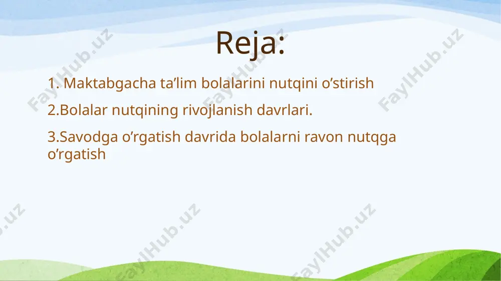 irish usullari sifatida til va nutqni o’z ichiga oladi. nutq bu psixik xodisa, kishilarning shaxslararo o’zora muayyan hamkorligi sharoitlarida rivojlangan, individual xususiyatlarga ega bo’lgan shaxs mulkidir. ravon nutq- bu kishilarning muloqatini va o’zoro bir birlarini tushunishlarini ta’minlovchi mazmunan keng yoyilgan fikrdir. ravon nutqni fikrlar dunyosidan ajratib bo’lmaydi; ravon nutq – bu fikrlar ravonligidir. bolalarda ravon nutq rivojlanishini yoshiga xos xususiyatlari g. i rozengead-pupko bolada nutqni rivojlanishini ikki davrga alratadi: tayyorlov davri (2 yoshgacha) nutqning mustaqil shakllanish davri. a.n leontev bola nutqining shakllanishini 4 davrga ajratadi. 1.tayyorgarlik davri-bola tug’ilgandan 1 yoshgacha 2.bog’chagacha bo’lgan davr 3 yoshgacha 3.maktabgacha bo’lgan davr 7 yoshgacha 4.maktab davri. nutqning uslublari so’zlashuv uslubi badiiy uslib rasmiy uslub publistik uslub ilmiy uslub добавить заголовок слайда 4 nutq va til markazi syujetli rasmlar tarqatma materiallar kitoblar quvnoq alifbo xulosa qilib aytganda , bolalarni bog’chadanoq maktabga tayyorlash va maktabda esa ularni o’qitishning yangi shakllari amalga oshirilmoqda. modomiyki, harakat va so’z …