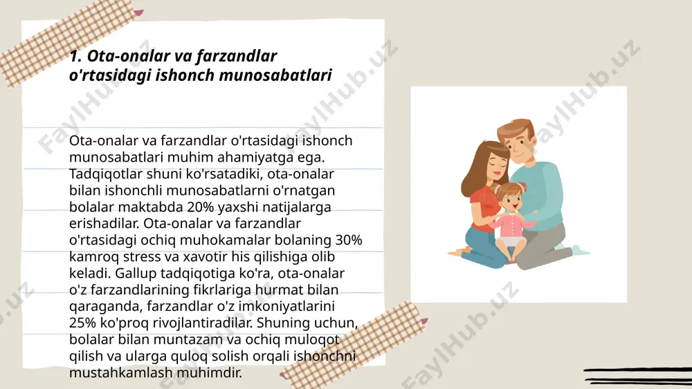 b biladi. tadqiqotlarga ko'ra, ota-onalar kuniga o'rtacha 2-3 soat bolalar bilan sifatli vaqt o'tkazishga harakat qiladi. tadqiqotlar shuni ko'rsatadiki, 85% ota-onalar farzandlarining bilim olish jarayonida faol ishtirok etishni zarur deb bilishadi. shuningdek, iqtisodiy barqarorlik ko'p hollarda oiladagi stressning 40% ga kamayishiga yordam beradi. shu bilan birga, tadbirkor ota-onalarning 60% dan ortig'i bolalariga tadbirkorlik mahoratlarini o'rgatishni xohlaydi. ota ona farzandlari munosabatlari xususiyatlari tursonova nilufar raximov halilboy e'tiboringiz uchun raxmat! image1.png image2.png image3.png image4.jpg image5.png image6.jpg /docprops/thumbnail.jpeg