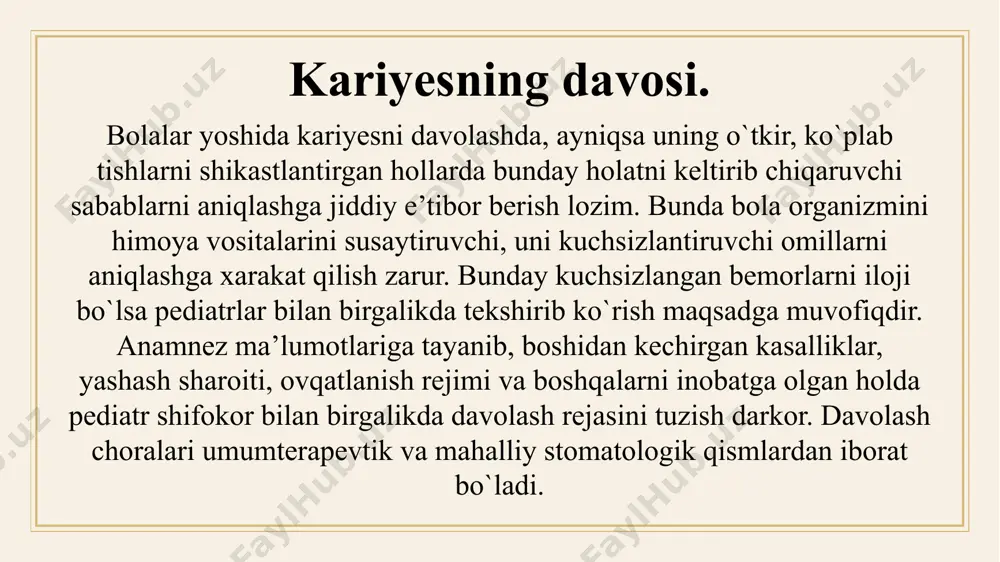 a bir sun’iy remineralizatsiya usulini qo`llash ham ijobiy natijalar beradi. amalga oshirish uchun bir qancha remineralizatsiya xususiyatiga ega bo`lgan eritmalar tavsiya qilingan. ular o`z tarkibida kaltsiy, fosfor, ftor va boshqa makro-va mikroelementlarni saqlaydi. shunday eritmalar qatoriga 10%li kaltsiy glyukonati, 2-3% li remodent eritmasi, 2%li natriy ftor eritmasi kiradi. bu eritmalar applikatsiya (chaplash) usulida qo`llaniladi. davolash samaradorligi kariyes dog`i mavjud tishlarni dori chaplashga yaxshilab tayyorlash ishlari bilan bog`liqdir. sun’iy remineralizatsiya usuli bu usulni amalga oshirishdan oldin bemor bola tishlarini cho`tka, pasta yordamida yaxshilab yuvadi, shifokor qolgan karashlarni qirtishlab tozalaydi, 2%li vodorod peroksidi bilan emal sathini ishlov berib tozalaydi, antiseptiklar bilan chaydiradi, tishlar quritiladi, so`lakdan ajratiladi, quritilgan tishlar sathiga 30 remineralizatsiyalovchi eritmaga obdon ho`llangan paxta bolishchalar yoki salfetkalarni yozadi. bu eritma tish sathida 15-20 minut mobaynida ushlab turiladi va har 5 minutdan so`ng pipetka yordamida eritmadan tomizilib turiladi. aplikatsiyadan so`ng tish yuzasi quritilib, 2%li natriy ftor eritmasiga ho`llangan bolishcha yoki salfetka 2-3 …
