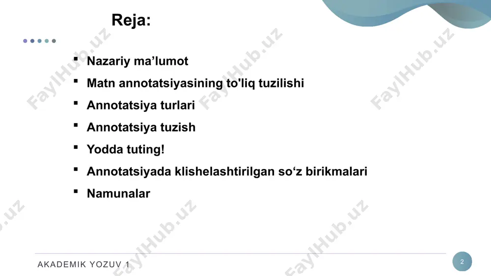 orat bo‘ladi: bibliografik tavsif va annotatsiyaning o‘zi. akademik yozuv 1 7 annotatsiya tuzish annotatsiyaning to‘liq matni quyidagi ma’lumotlarni o‘z ichiga oladi: annotatsiya berilayotgan asarning turi va kimga mo‘ljallanganligi (kitob, darslik, to‘plam, maqola, monografiya – shu so‘z bilan annotatsiya matni boshlanadi): to‘plamda ...... taqdim etilgan. maqolada .....bayon etiladi.monografiyada .......haqida so‘z boradi; muallif o‘z ishida qo‘ygan maqsad va vazifalar: muallif o‘z oldiga ...maqsadni qo‘ydi. nashrning maqsadi....iborat. muallif....... vazifalarni hal etadi; asarning mavzusi (muammosi): maqola ....mavzusi/muammosiga bag‘ishlangan; kitobda ....muammolari tahlil qilingan; maqola ...mavzusida yozilgan; akademik yozuv 1 8 annotatsiya tuzish asosiy mazmuni: maqolada .....masalalari ko‘rib chiqilgan/ tahlil qilingan/ tadqiq qilmngan; muallif tomonidan tahlil qilingan; muallif tomonidan ...gipotezasi asoslangan; ishda ....haqida gap boradi; annotatsiya yozilayotgan asarning tuzilmasi (strukturasi): monografiya besh bobdan iborat; to‘plam ikki bo‘limni o‘z ichiga oladi; darslik o‘n paragrafdan iborat; maqolada uch qismni ajratib ko‘rsatish mumkin; illyustratsiya materiallari tavsifi: kitobda .....illyustratsiyalar keltirilgan; muallif o‘z xulosalarini chizma va jadvallar yordamida keltirgan; videoilova keltirilgan; …