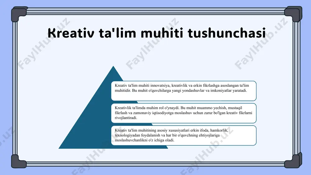 'lim jarayonining umumiy prinsip va fikrlarini belgilaydi, masalan, konstruktivizm yoki behaviorizm. metodlar esa bu yondashuvlardan kelib chiqib, amaliy usullar va texnikalarni ifodalaydi, masalan, muhokama, loyiha ishlari yoki laboratoriya tajribalari. yondashuvlar va metodlar o'rtasida o'zaro ta'sir mavjud, chunki yondashuvlar metodlarni shakllantiradi va yo'naltiradi, metodlar esa yondashuvlarni amaliy jihatdan qo'llab-quvvatlaydi. masalan, faol o'qitish yondashuvi muhokama metodini keng qo'llashga asos bo'ladi. ta'lim jarayonida yondashuvlar va metodlarni integratsiya qilish muhim, chunki bu o'quvchilarning bilim olish jarayonini samarali qiladi. birgalikda ishlash, muammolarni hal qilish va fikrlash malakalarini rivojlantirish uchun yondashuvlar va metodlarni muvofiqlashtirish zarur. yondashuvlar va metodlarning uyg'unligi innovatsion va kreativ ta'lim muhitini shakllantirishda asosiy omil bo'lib, o'qitish samaradorligini oshiradi va yoshlarda mustaqil fikrlash qobiliyatini rivojlantiradi. kelajakda ta'limda innovatsiyalar ta'limda innovatsiyalar zarur, zamonaviy texnologiyalar va pedagogik yondashuvlar rivojlanishi bilan bog'liq. innovatsion yondashuvlar va metodlar texnologiyalarni qo'llash, virtual sinflar va onlayn platformalar orqali amalga oshiriladi, hamkorlik muhim. innovatsiyalarni joriy etish uchun ta'lim muassasalarida dasturlar ishlab chiqish, …