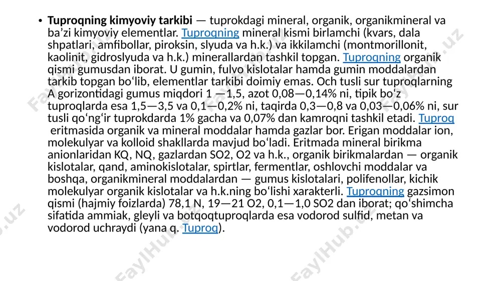 shunoslik fani shugʻullanadi. t. hosil qiluvchi asosiy omillar: iqlim, tuproq ona jinsi, oʻsimliklar va hayvonot olami, hududning relyefi va geologik yoshi hamda odamning xoʻjalik faoliyati. tuproq morfologiyasi deganda, uning tashqi ko‘rinishini izohlovchi belgilar tushuniladi. ularga tuproqning genetik qatlam-lari, tuproq qalinligi,namligi, rangi, strukturasi (donadorligi), qovushmasi, mexanik tarkibi, tuproqning yangi yaralmalari, qo‘shilmalari kiradi. tuproqning morfologik belgilari asosan tuproqning hosil bo‘lish va rivojlanish xossalarini izohlaydi. to‘liq rivojlangan tuproq asosan quyidagi genetik qatlamlardan iborat: a — gumusli-akkumulyativ qatlam; v — illyuvial yoki oraliq qatlam; s — tuproq hosil bo‘lish jarayonida kam o‘zgargan ona jins qatlam; d— tuproq qatlami ostida joylashgan tuproq hosil bo‘lish jarayonida o‘zgarmagan ona jins. tuproqning genetik qatlam-lari morfologik belgilarning miqdoriy ko‘rsatkichlari va boshqa xususiyatlariga qarab qatlamchalarga bo‘linishi mumkin. ushbu ma’ruzada talabalar tuproqning morfologik belgilari haqida nazariy bilimlarini boyitdilar, kelasi amaliy mashg‘ulotlarda esa nazariy bilimlarini amaliyotda qo‘llab o‘rganish imkoniyati bo‘ladi. tuproqning umumfizik va fizik-mexanik xossalari tabiiy sharoitda ona jins parchalanishi natijasida har …