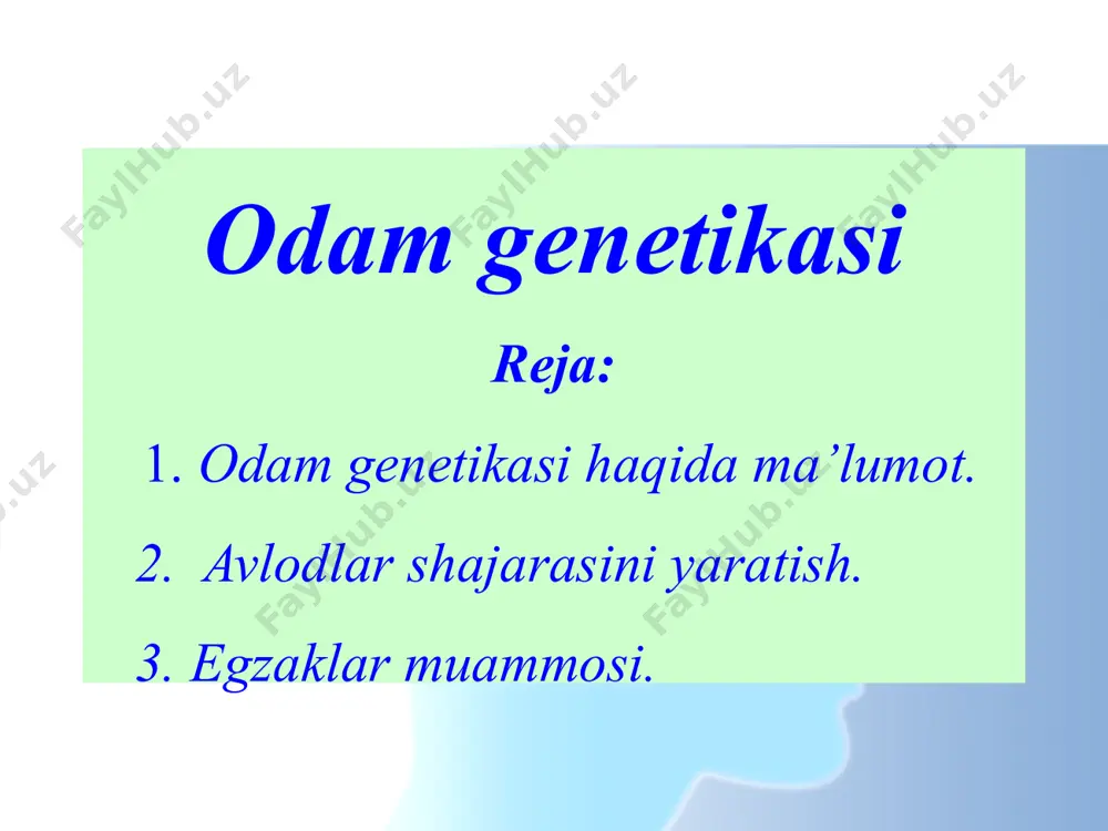 derma qavatidan hosil bo’lgan bo’rtmachalar xisobiga paydo bo’ladi. barmoqlar uchida hosil bo’lgan naqshlar esa, har bir irqqa mansub kishilarda o’ziga xos ko’rinishga ega. adabiyotlar g’afurov a. t. darvinizm toshkent, o’qituvchi1992 yil. vorontsov n. p., suxorukova l.n. evolyutsionnaya organicheskogo mira. m. prosveshenie 1991 to’raqulov yo. x. malekulyar biologiya. toshkent, o’qituvchi1993 yil iordanskis n. n. evolyutsiya jizni. m.izdatelskiy tsentr “akademiya” 2001 inge-vechtomov s.g. genetika s osnovami selektsii. moskva., «vsshaya shkola», 1989 g. lobashev m.ye., vatti k.v., tixamirova m.m. genetika s osnovami selektsii. moskva, «prosveshenie», 1979 god. image10.png image11.png image12.jpeg image13.jpeg image14.jpeg image15.jpeg image16.jpeg image17.jpeg image18.jpeg image19.jpeg image20.jpeg image21.jpeg image22.jpeg image23.jpeg image24.jpeg image1.jpeg image2.jpeg image3.jpeg image4.jpeg image5.jpeg image6.jpeg image7.jpeg image8.jpeg image9.jpeg 104707616