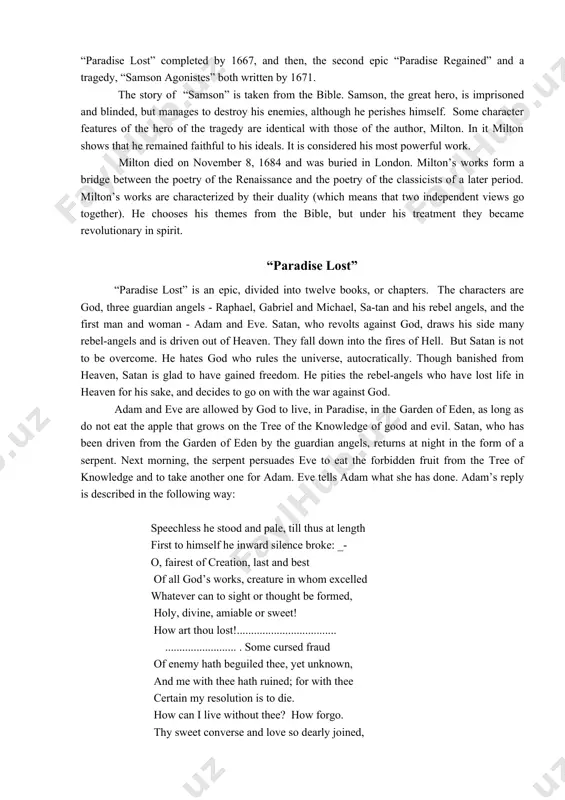 land, just when the struggle between the king and the puritans began. for some time milton had to do educational work, and the result of it was a treatise on education. milton kept a keen eye on the public affairs of the time. the years between 1640 and 1660, the second period in his literary work, were the years when he wrote militant revolutionary pamphlets. when the republican government under cromwell was established in 1649, milton was appointed latin secretary to the council of state. the work consisted chiefly of translating diplomatic government papers into latin and from latin. in his pamphlets, most of which were written in latin, milton supported the parliamentary cause against the royalists. during his years as latin secretary and journalist milton wrote only a few sonnets. milton had weak eyes even as a child; in 1652 he lost his eyesight completely. with the restoration of …