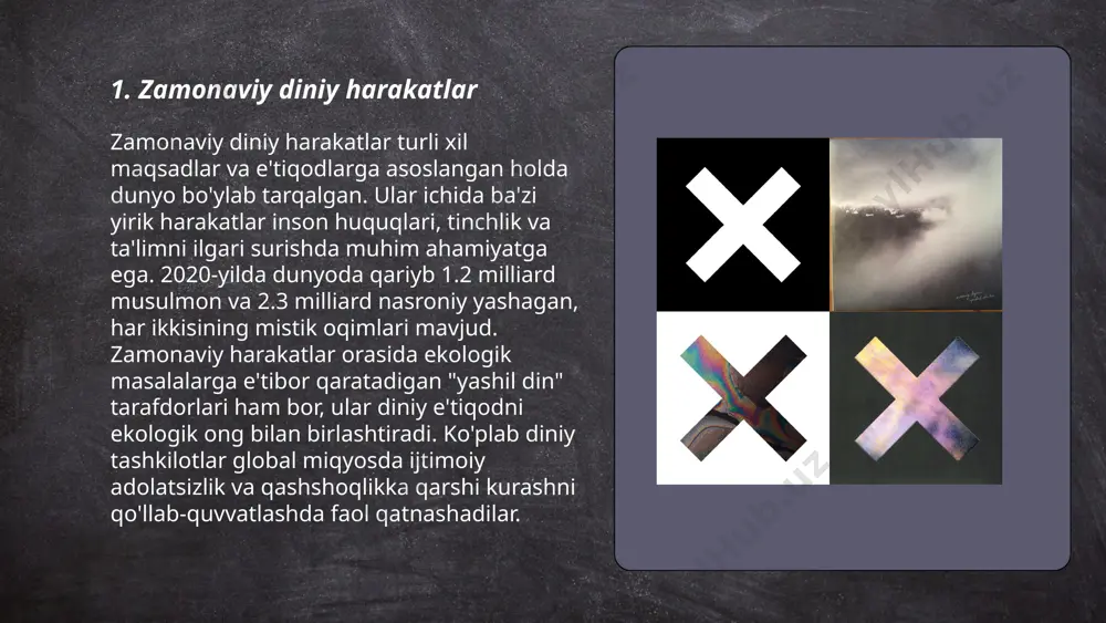 nazoratga olinadi. shuningdek, xalqaro tashkilotlar din va e'tiqod erkinligini himoya qilishda muhim rol o'ynaydi. prozelitizm bilan bog'liq muammolarni hal qilishda muvozanatli yondashuv zarur. ... t.me/slaydai_bot zamonaviy ma'naviy harakatlar ijtimoiy media orqali tez tarqalmoqda. masalan, facebook, instagram va telegram kabi platformalar orqali millionlab foydalanuvchilar o'z diniy va ma'naviy qarashlarini baham ko'rishadi. 2023-yilda o'zbekistonda ijtimoiy media foydalanuvchilarining soni 27 million kishidan ortib, ulardan taxminan 65% diniy va ma'naviy mazmundagi kontentdan foydalanmoqda. ma'naviy yetakchilar ijtimoiy tarmoqlar orqali o'z izdoshlariga ta'limotlar va odob-axloq qoidalarini yetkazmoqda. o'sib borayotgan onlayn faoliyat harakatlar uchun yangi imkoniyatlar yaratmoqda, bu esa jamiyatdagi ma'naviy-madaniy rivojlanishga ijobiy ta'sir ko'rsatmoqda. ... t.me/slaydai_bot 7. din va raqamli texnologiyalar 7. din va raqamli texnologiyalar mavzusi raqamli inqilob davrida dinning roli va uning raqamli platformalarda qanday taqdim etilishiga oid. bugungi kunda ko'plab diniy tashkilotlar onlayn xizmatlar, mobil ilovalar va ijtimoiy tarmoqlar orqali auditoriyaga yetib boradi. masalan, birlashgan arab amirliklarida 95% aholisi internetdan foydalanadi, ularning 80% …