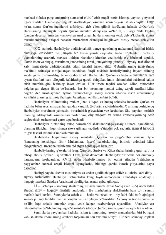 qoslash mumkinligiga asosiy e’tibor qaratiladi. manba bilan muvofiqlashtirish mumkin bo‘lmagan masala bo‘yicha qaror qabul qilishning ratsionalistik tamoyili mustaqil manfaat nuqtai – nazari (istisloh)ni ishlatishdir. bunday mustaqil qaror albatta jamoat manfaatiga xizmat qilmog‘i, “nass”ga xilof bo‘lmasligi, shariat qoidalariga muvofiq bo‘lmog‘i shart. “istihson” (afzal qaror) molikiylar nazdida istislohning qiyosdan afzalligini bildiradi, ya’ni agar tanlash imkoniyati bo‘lsa, shubha tug‘iladigan bo‘lsa, istisloh uslubidan foydalanish afzaldir. molikiy mazhabining asosiy tamoyillari molik ibn anasning «muvatto» asari va unga yozilgan sharhlar, uning qayta ishlangan shakli «al – mudavvana» va «al – mudavvana al - kubra» hamda keyinroq yozilgan abul qosim bin jazzi (vaf. 1340 y.)ning «al – qavonin al – fiqhiya fi talxis al – mazhab al - molikiya» va sidi xalil (vaf. 1365 y.)ning «al - muxtasar» asarlarida o‘z ifodasini topgan. hozirgi paytda molikiylik marokash, jazoir, tunis, liviya, kuvayt va bahraynda hukmron mazhab hisoblanadi. misr va sudanda yirik molikiy jamoalari mavjud. kam miqdorda molikiylar deyarli barcha …