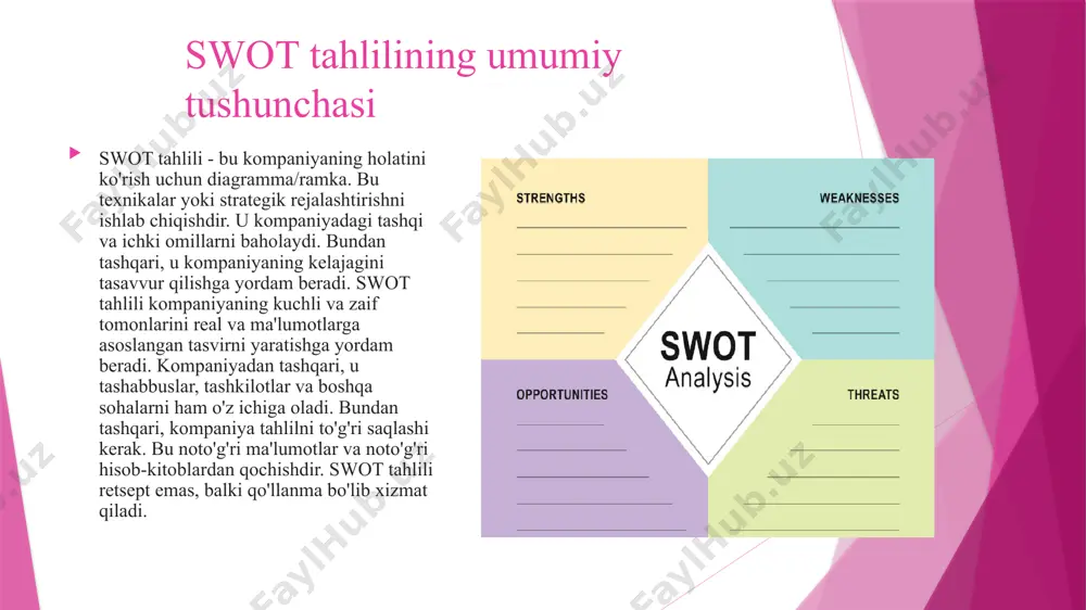 erish mumkin. swot tahlilining mijoz bilan ishlashdagi afzalliklari swot tahlili kompaniyaning rivojlanishiga yordam beradi. ushbu tahlil kompaniyaga rejalar va strategiyalarni ishlab chiqishda yordam beradi. quyidagilar swot tahlilining afzalliklari hisoblanadi: ◆ swot tahlili kompaniyaning hozirgi holati bo'yicha ko'rinishiga yordam beradi. ◆ bu kompaniyaga uning rivojlanishi uchun kuchini tahlil qilish imkonini beradi. ◆ bu kompaniyaga oʻzining zaif tomonlarini aniqlash imkonini beradi. shunday qilib, ular muayyan muammolar yoki muammolarni hal qilish uchun ko'proq strategiyalarni ishlab chiqishlari mumkin. ◆ kompaniya ichki va tashqi omillarni ko'ra oladi. bu kompaniyaga ijobiy va salbiy ta'sirlarni o'z ichiga oladi. ◆ swot tahlili biznesga ko'proq imkoniyatlarni ko'rishga yordam beradi. swot tahlilining cheklovlari subyektivlik: swot tahlili ko'pincha subyektiv baholashlarga asoslanadi. yangilanish zarurati: tahlil doimiy ravishda yangilanib turishi kerak. keng ko'lamli tahlil zarurati: swot tahlilini to'g'ri amalga oshirish uchun keng va chuqur tahlil zarur. mijoz bilan ish yuritishda swot tahlilining xususiyatlarini o`rgangan bir qator olimlar mavjud va ularning asarlari: michael e. …