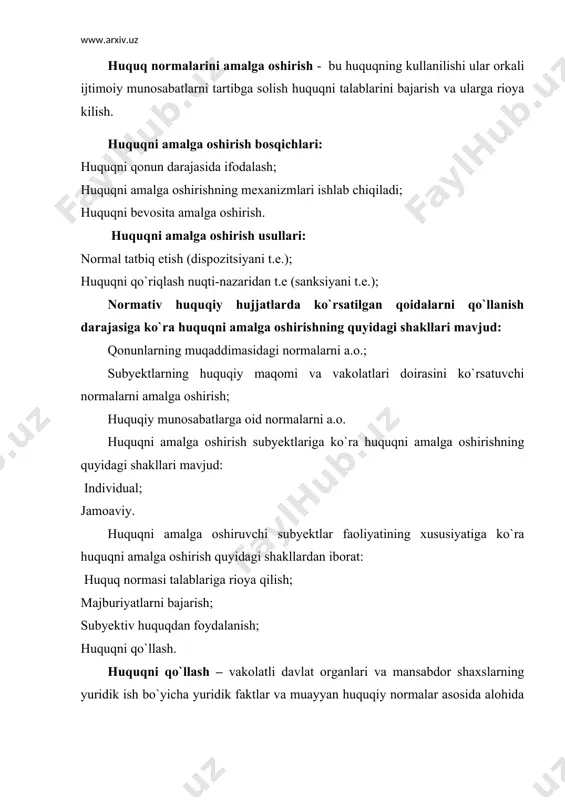 uqli huquq normasini tanlash; tanlab olingan huquq normasining ma`nosi aniqlash. xar bir kishi uz huquqlarini aniq va ravshan bilishi, ulardan foydalana olishi, о`z huquqlari va erkinliklarini ximoya kila olishi lozim. buning uchun avvalo, mamlakatimiz axolisining huquqiy madaniyatini oshirish zarur. shu bilan bir vaktda xar bir inson turalarcha uzboshimchalikdan, konunsizlikdan uz huquqlarini ximoya kiladigan idoralar mavjudligiga amin bulmogi kerak. huquq normalarini amalga oshirish - bu huquqning kullanilishi ular orkali ijtimoiy munosabatlarni tartibga solish huquqni talablarini bajarish va ularga rioya kilish. demokratik huquqiy davlatning asosiy prinsplaridan biri bu konunning ustuvorligidir, ya`ni jamiyatdagi barcha fuqarolar davlat tomonidan urnatilgan, ximoya kilinadigan huquqiy normalarga rioya kilishi, takilangan normalarni bajarishdan uzini tiyishi tushuniladi, kiska kilib aytadigan bulsak jamiyatda uzboshimchalikka yul kuyilmaydi, ya`ni bunda huquqning tulik xukmronligi ta`minlanadi. shu bilan birgalikda shuni ta`kidlab utish joizki, jamiyatdagi ijtimoiy munosabatlarni huquqiy tartibga solishning samarasi kup jixatdan huquqiy normalarni tugri tatbiq etishga boglik. huquqiy normalarni tugri tatbiq etish jarayonida huquqning …