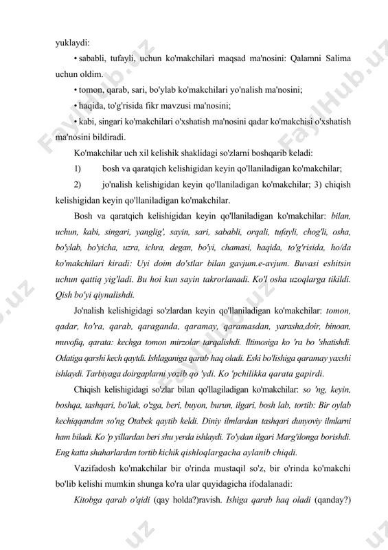 hdi. eng katta shaharlardan tortib kichik qishloqlargacha aylanib chiqdi. vazifadosh ko'makchilar bir o'rinda mustaqil so'z, bir o'rinda ko'makchi bo'lib kelishi mumkin shunga ko'ra ular quyidagicha ifodalanadi: kitobga qarab o'qidi (qay holda?)ravish. ishiga qarab haq oladi (qanday?) ko'makchi. eski bo 'lishiga qaramay yaxshi ishlaydi. menga qaramay o 'tib ketdi. do 'konda qalamdan tortib hamma narsa bor. karim rustamni qo 'lidan tortib turg'azdi. bog'lovchi gapning uyushiq bo'laklari va qo'shma gap tarkibidagi sodda gaplarni o'zaro bog'lash uchun xizmat qiluvchi yordamchi so'zlarga bog'lovchilar deyiladi: olma, o'rik vagilosgulladi. ukeldi lekin indamadi. havo bulut, lekin yomg 'ir yog 'madi. ma'no va vazifalariga ko'ra bog'lovchilar 2 xil bo'ladi: l.teng bog'lovchilar 2.ergashtiruvchi bog'lovchilar teng bog'lovchilar - uyushiq bo'laklarni hamda, bog'langan qo'shma gap qismlarini ya'ni teng huquqli qismlarni bog'laydi. yuqoridagi bog'lovchilar teng bog'lovchilardir. ular 4 xil: l.biriktiruv bog'lovchilari 2.zidlov bog'lovchilari 3.ayiruv bog'lovchilari 4.inkor bog'lovchilari biriktiruv bog'lovchilari- va, hamda, ham - sof bog'lovchilardir; -da, -u, -yu, bilan vazifadosh bog'lovchilardir. -da, …