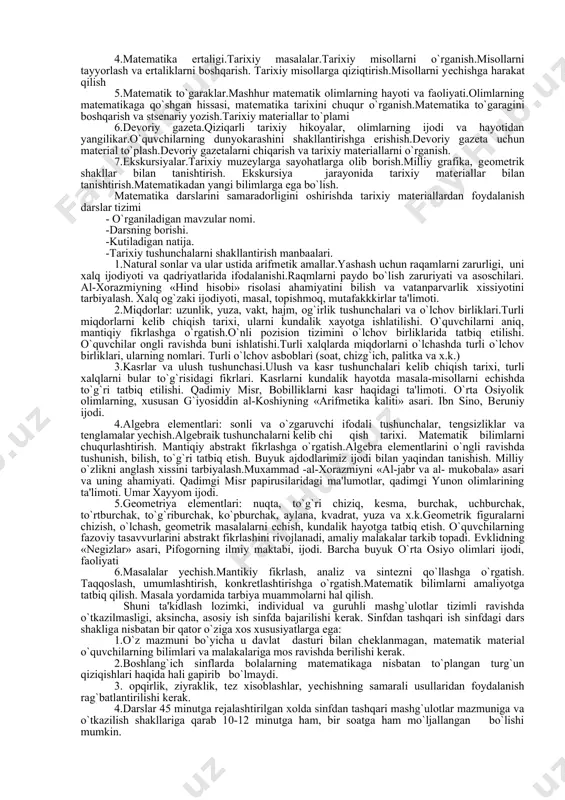nutdan 1 soatgacha mo`ljallangan bo`lishi mumkin. 5.sinfdan tashqari ishlarning mazmuni va shakllarining turli-tumanligi. sinfdan tashqari ishlarga: qiziqarli matnli masalalar, o`tkir zеhnlilikka oid masalalar, hazil masalalar, bеrilgan ma'lumotlari etishmaydigan yoki bеrilgan ma'lumotlari ortiqcha masalalar, mantiqiy masalalar, qiziqarli matеmatik voqеalar, arifmеtik rеbuslar, o`yinlar, fokuslar, boshqotirmalar tarixiy ma'lumotlar bеrish va boshqalar kiradi. maktab amaliyotida hozir quyidagilar uchraydi: matеmatik 10 minutliklar, soatliklar, matеmatika kеchalari, matеmatika to`garaklari, ertaliklar, viktorinalar, tanlovlar, olimpiadalar. sinfdan tashqari ishlarni tashkil qilish va o`tkazish mеtodikasi quyidagilarga asoslanishi kеrak: 1. darsda o`quvchilar olgan bilim, malaka va ko`nikmalarni hisobga olgan holda o`tkaziladi. 2. sinfdan tashqari ishlar o`quvchilarning xoxishi, havaskorligi, ijodkorligi tamoyillariga asoslanishi va ularning individual fikrlarini qoniqtirish maqsadida tashkil qilinadi. 3. sinfdan tashqari ishlarni o`tkazish shakllari darslardan farq qilib, qiziqarli tomoni kuchli bo`ladi. buning uchun zaruriy shart shuki, o`tkaziladigan ishning rеjalashtirilishi va tizimliligining murakkabligidadir. sinfdan tashqari mashg`ulotlar o`tkazish rеjasi. -tadbir shakli. -tadbir mavzusi. -tadbir maksadi. -o`qituvchi faoliyati -o`quvchi faoliyati 1.matеmatik o`yinlar. sеhrli kvadrat. …