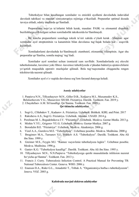 tayoqchalari bilan zararlanmagan yosh ayollarda smb bilan birlamchi zararlanganda ko‘pincha birlamchi tuberkulyoz aniqlanadi. lekin xomilador ayollarda tuberkulyoz endogen infeksiya reaktivatsiyasi natijasida yuzaga keladi. bunday xollarda tarqoq (disseminirlangan) tuberkulyoz yoki ikkilamchi tuberkulyozning boshqa shakllari aniqlanadi. kasallikning yaqqol tuberkulyoz intoksikatsiya bilan og‘ir kechishi xomila rivojlanishiga salbiy ta’sir etadi va xomilani o‘z o‘zidan tushishiga olib keladi. xomiladorlikning i uch oyligida tuberkulyozni namoyon bo‘lishi o‘rtacha intoksikatsiya belgilari (xolsizlik, darmonsizlik, ishtaxani pasayishi, ozish) bilan kechadi, ko‘pincha bu xolatni xomiladorlik toksikozi bilan bog‘lashadi. bunday xolatni baxolash tuberkulyozni erta aniqlashni qiyinlashtiradi, bu esa patologik jarayonning rivojlanishiga olib keladi. xomiladorlikning ikkinchi yarmidagi tuberkulyozda o‘pkadagi morfologik o‘zgarishlarning yaqqoligiga qaramasdan, ko‘pincha klinik simptomlar yaqqol bo‘lmaydi, bu xam tuberkulyozni aniqlashda qiyinchilik tug‘diradi. xomiladorlarda xolsizlik, tez charchash, ko‘p terlash, ishtaxani yo‘qolishi, ozish, subfebril tana xarorati, shuningdek quruq yoki balg‘amli yo‘tal, xansirash, ko‘krak qafasida og‘riq kabi shikoyatlariga binoan tuberkulyoz aniqlanadi. yuqoridagi shikoyatlar paydo bo‘lsa, ayollar maslaxatxonasidagi xomilador ayolni kuzatayotgan akusher-ginekolog uni tuberkulyozga qarshi …