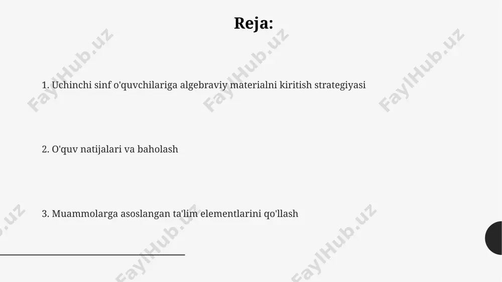 kuzatib borish orqali uzoq muddatli ta'sirini baholash mumkin. kelajakdagi tadqiqotlar turli yoshdagi 30-40 nafar oʻquvchilar bilan kengroq miqyosda olib borilishi va natijalar solishtirilishi mumkin. sinfdagi amaliy qo'llanma "sinfdagi amaliy qo'llanma"da algebraviy fikrlashni rivojlantirish uchun 10 ta turli xil o'yinlar, jumladan, tenglama tuzish va yechish o'yinlari va raqamli kartalar bilan o'yinlar mavjud. “sinfdagi amaliy qo'llanma”da 3-sinf o'quvchilari uchun algebra asoslarini o'rgatishda 5 dan ortiq amaliy muammolar, jumladan, sonlar bilan bog'liq 2 ta so'z muammosi va geometrik shakllar bilan bog'liq 3 ta muammo taklif etiladi. qo'llanmada o'quvchilarning muammolarni yechish jarayonini kuzatish va baholash uchun 4 xil baholash mezonlari, jumladan, to'g'ri javoblar soni va yechimning izchilligi ko'rsatilgan. o'quv materiallari va resurslari 3-sinf o'quvchilari uchun algebraviy mavzulardagi 5 ta muammoli vaziyatlarni o'z ichiga olgan ish varaqalari va 2 ta qo'shimcha topshiriqlarni o'z ichiga olgan ta'lim resurslar to'plami tayyorlash kerak. algebraviy tushunchalarni amaliy hayotdagi 7 ta turli vaziyatlarga qo'llashni o'z ichiga olgan interaktiv o'yinlar va …