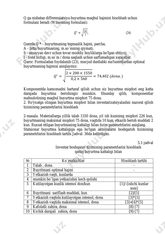 gan buyurtma miqdori bilan inventarizatsiyalashni nazorat qilish tizimining parametrlarini hisoblash 2-masala. materiallarga yillik talab 1550 dona, yil ish kunining miqdori 226 kun, buyurtmaning maksimal miqdori 75 dona, vaqtida 10 kun, etkazib berish muddati 2 kun. ruxsat etilgan buyurtmaning kattaligi bilan tizim parametrlarini aniqlang. statsionar buyurtma kattaligiga ega bo'lgan aktsiyalarni boshqarish tizimining parametrlarini hisoblash tartibi jadval: 36da keltirilgan. 5.1-jadval inventar boshqaruv tizimining parametrlarini hisoblash qattiq buyurtma kattaligi bilan № ko`rsatkichlar hisoblash tartibi 1 talab , dona - 2 buyritmani optimal hajmi - 3 yetkazish vaqti, kunlarda 4 mumkin bo`lgan yetkazishni kech qolishi 5 kutilayotgan kunlik istemol don/kun [1]/-[ishchi kunlar soni] 6 buyritmani sariflash muddati, kun [2]/[5] 7 yetkazish vaqtida kutilayotgan istemol, dona [3]*[5] 8 yetkazish vaqtida maksimal istemol, dona [3]+[4]*[5] 9 kafolatli zahira, dona [8]-[7] 10 kichik darajali zahira, dona [9]-[7] 11 maksimal xoxlagan zahira, dona [9]+[2] 12 kichik darajali zahirani muddatli sariflanishi, dona ([11]-[10])/[5] qaror. parametrlarni hisoblash natijalari jadvalda umumlashtiriladi. …