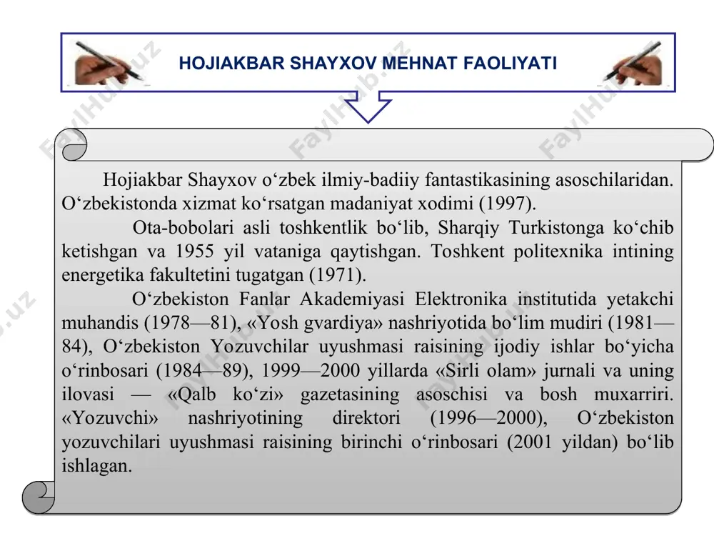munosib hissa bo‘ldi.. uning «g‘aroyib ko‘lanka», «rene jumbog‘i», «olmos jilosi» singari asarlari jahonning bir necha tillariga tarjima qilindi. o‘zbekistonda fantastika o‘tgan asrning ikkinchi yarmida taraqqiy eta boshladi. rahmatli ustozlarimizdan biri g‘ani jahongirov hali biz xat tanimagan paytlarimizda fantastika tarzidagi asarlarini e'lon qilganlar. bu sohada marhum do‘stim hojiakbar shayxov yuqori cho‘qqilarni egalladi (tohir malik). e’tiboringiz uchun tashakkur