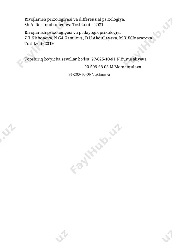 ishiga xizmat qiladi. aksincha, e'tiborsizlik va noto‘g‘ri tarbiya natijasida bu inqiroz salbiy oqibatlarga olib kelishi mumkin. shuning uchun bu davrda yoshlarning ichki dunyosini tushunish, ularga psixologik yordam ko‘rsatish va sog‘lom shart-sharoit yaratish katta ahamiyatga ega. foydalanish uchun adabiyotlar ,,ontogenez psixologiyasi “ d.saliyeva, sh.dusmuxammedova “farg’ona “ nashiryoti 2024 “psixologiya” e.g’oziev “o’qituvchi” nashiryoti 1994 rivojlanish psixologiyasi va differensial psixologiya. sh.a. do‘stmuhamedova toshkent – 2021 rivojlanish psixologiyasi va pedagogik psixologiya. z.t.nishonova, n.g4 kamilova, d.u.abdullayeva, m.x.x0inazarova toshkent- 2019 topshiriq bo’yicha savollar bo’lsa: 97-625-10-91 n.yunusaliyeva 90-509-68-08 m.mamatqulova 91-203-50-06 y.alimova i lk o ’ spirinlik va yoshlik davrida psixik rivojlanish xususiyatlari i lk o ’ spirinlik va yoshlik davrida psixik rivojlanish xususiyatlari i lk o ’ spirinlik va yos hlik davrida psixik rivojlanishi i lk o ’spirinlik va yoshlik davri inqirozi ilk o‘spirinlik va yoshlik davrida psixik rivojlanish o‘ziga xos xususiyatlarga ega bo‘lib, bu davr shaxsning shakllanishida muhim bosqich hisoblanadi. ilk o‘spirinlik odatda 10 - 14 …