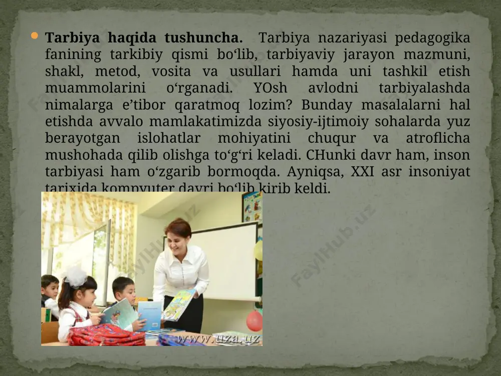 an tarbiya bo‘lmaydi. tarbiya maqsadi asosida uning mazmuni asoslanib, maqsadni amalga oshirishga xizmat qiluvchi metod va usullar aniqlanadi. tarbiya maqsadining muammosi pedagogikaning dolzarb masalalaridan biri sanaladi. tarbiya maqsadi umumiy va individual harakterga ega bo‘lishi mumkin. ilg‘or pedagogika umumiy va individual maqsadlar birligi va uyg‘unligini namoyon etadi. maqsad tarbiyaning umumiy ijtimoiy maqsadni ijobiy hal etishga yo‘naltiriladi hamda aniq vazifalar tizimi sifatida namoyon bo‘ladi. demak, tarbiya maqsadi tarbiya jarayonini tashkil etish asosida hal etiladigan vazifalar tizimidir. tarbiya maqsadlari mohiyati va ko‘lamiga ko‘ra umumiy va aniq vazifalar sifatida guruhlanadi. tarbiya maqsadi qanday shakllanadi? uning shakllanishida ko‘plab ob’ektiv sabablar etakchi rol o‘ynaydi. organizmning fiziologik etilish qonuniyatlari, insonning ruhiy rivojlanishi, falsafiy va pedagogik fikrlar yutug‘i, ijtimoiy madaniyat darajasi maqsadga umumiy yo‘nalish beradi. biroq asosiy omil doimo davlat mafkura va siyosati bo‘lib qolaveradi. hozirgi paytda o‘zbekiston respublikasi rahbariyati yoshlar orasidan eng iqtidorli, salohiyatlilarini tanlab, saralab olib, ularni ilmiy, madaniy-ma’naviy jihatdan kamolotga erishishlari, zamonaviy fan-texnika asoslarini puhta …