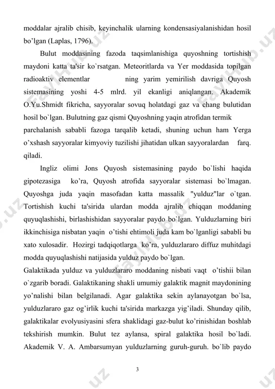 zamon va makon aloqalari materiyaning xususiyatlarini to`laqonli tasvirlay olmaydi. sh.lemetr ("kengayayotgan koinot" nazariyasi asoschilaridan biri) bu qarashlarga qarshi chiqqan. uning fikricha - koinotni va metagallaktikani tashkil etuvchi "materiya"ga, "materiya"ning boshqa holatlari zamin bo`lgan. shu sababli ko`p olimlar "metagallaktika bu hali yaxlit koinot emas" - degan fikrni bayon etganlar.qolaversa "metagallaktika"ni mutloq, kosmologik boshlanish deb bo`lmaydi. tabiatda hech narsa yo’qdan bor va bordan yo’q, bo`lmasligi ma'lum.. "materiya" butunlay yo’q, bo’la olmaganidek, mutloq, bo’shliq, ham mavjud bo’la olmaydi. agar modda yo’q, bo`lsa, unda maydon mavjud bo`ladi. maydon yo’q bo`lsa, bu holda fizik bo’shliq, (vakum) paydo bo`ladi. " fizik bo’shliq," deganimizda zamonaviy fizika materiyaning o`ziga xos muhim holatini nazarda tutadi.qolaversa "materiyaning saqlanish qonuni" materiyaning o’z-o`zidan paydo bo`lib va yo’q bo`lishi mumkin emasligini tushuntiradi. xx asr boshlarida massani, energiyani, elektr zaryadi, impu lsning saqlanish qonunyatlari fanda ma'lum bo`lgan. hozirgi kunda esa, bular qatoriga "barion" va "lepton" zaryadlarining saqlanish qonunlari qo’shildi. zamonaviy fanlar "qora, tuynuk" tushunchasi …