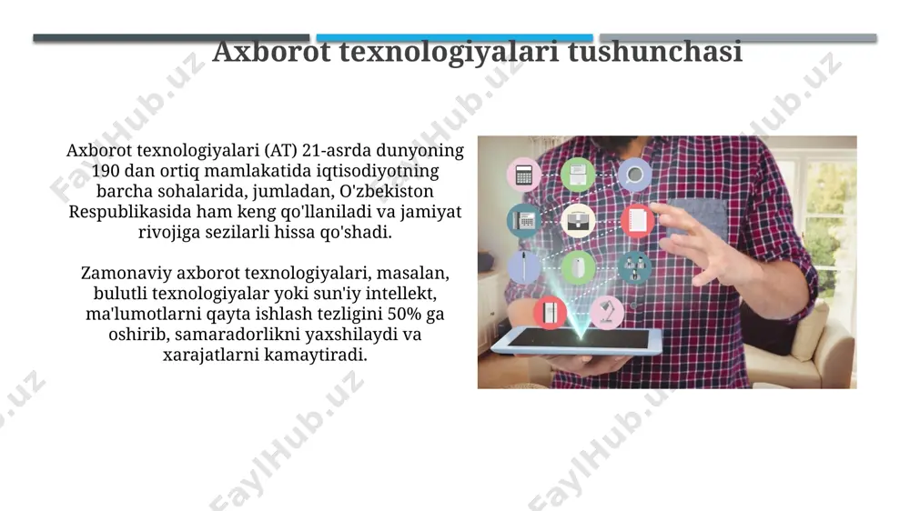 qolmoqda. axborot xavfsizligi o'zbekistonning milliy axborot infratuzilmasini himoya qilish uchun 2024 yilga qadar 3 milliard aqsh dollari miqdorida mablag' ajratilishi rejalashtirilgan, bu esa ma'lumotlarni himoya qilish darajasini sezilarli darajada oshirishga yordam beradi. kiberxavfsizlik tahdidlari soni 2022 yildan 2023 yilga kelib andijon viloyatida 15% ga oshdi, bu esa axborot tizimlarini himoya qilish uchun yangi texnologiyalarni joriy etish zaruratini ko'rsatadi. ma'lumotlar bazasi boshqarish tizimlari mbbtlar, korxonalar samaradorligini oshirish uchun, ma'lumotlarni 50% gacha tezroq qayta ishlashga va 30% gacha xarajatlarni kamaytirishga yordam beradi, bu esa toshkentdagi ko'plab firmalar tomonidan isbotlangan. 2023 yilda dunyo bo'yicha 80 milliard aqsh dollari miqdoridagi daromad keltirgan mbbt bozori, kelgusi 5 yil ichida 15% ga o'sishini taxmin qilish mumkin, bu esa rivojlanayotgan mamlakatlarda, jumladan o'zbekistonda ham yuqori talabni ko'rsatadi. axborot texnologiyalarining turlari o'zbekiston kabi rivojlanayotgan mamlakatlarda axborot texnologiyalari, xususan, mobil aloqa (4g, 5g) va internetning keng tarqalishi davlat boshqaruvi samaradorligini oshirishda muhim ahamiyatga ega. jahon bo'yicha 100 dan ortiq …
