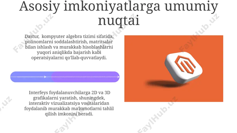 zlarining individual talablariga moslashtirilgan murakkab hisobotlarni, grafiklar va diagrammalarni yaratish imkoniyatiga ega bo'lib, natijalarni aniq va tushunarli holda taqdim etadilar. fayllarni ochish va saqlash maple dasturiy ta'minoti fayllarni ochish va saqlash uchun 10 dan ortiq turli formatlarni, jumladan, .mw, .mws va .txt kabi keng tarqalgan formatlarni qo'llab-quvvatlaydi. foydalanuvchilar fayllarni ochish va saqlash jarayonini tezlashtirish uchun maple-ning o'rnatilgan "avtomatik saqlash" funksiyasini 5 minut oralig'ida sozlashlari mumkin. e'tiboringiz uchun rahmat @taqdimot_robot image4.jpg image5.jpg image6.jpg image7.jpg image8.jpg image9.jpg image10.jpg image11.jpg image12.jpg image13.jpg image14.jpg image15.jpg image16.jpg image17.jpg image18.jpg image19.jpg image1.jpeg image2.jpeg image3.jpeg