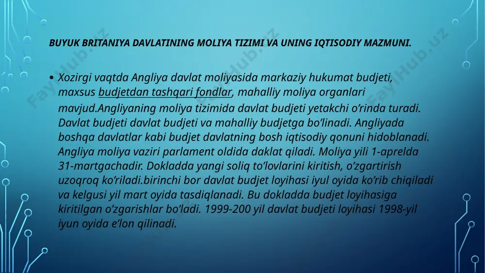 budjet daromadlari soliqlar: to’g’ri soliqlardan tashkil topgan. bundan tashqari joriy budjet daromadlariga sug’urta to’lovlari ham kiradi. joriy budjet mablag’lari hisobidan sanoat, qishloq xo’jaligi, sog’liqni saqlash moliyalashtiriladi. kapital budjet daromadlari davlat karparatsiyalari va davlat hokimlik organlari kreditlari ,angliya banki departamenti emissiyasi foydasidan iborat. kapital budjet harajatlari, davlat qarzi bo’yicha foizlaer va kapital qo’yilmalarga ajratilgan uzoq muddatli kreditlardir. budjetdan tashqari davlat fondlari davlat budjeti kabi angliya moliya tizimining bir qismini tashkil etadi. ular ichida ijtimoiy va ilmiy izlanish fondlari axamiyatlidir. ijtimoiy fondler aholiga ijtimoiy xizmat ko’rsatish uchun mo’ljallangan resurslarni jamlaydi. fondler uch manba: sog’likni saqlash, sug’urta,sug’urta to’lovlaridan iborat. angliyada ijtimoiy fond badallari 5,7-9% ni tashkil etadi. ijtimoiy fonddan to’lov uch xildir: aloqalar harajatlarini moliyalash uchun budjet fondidan ssudalar jamoa ko’magi uchun nafaqalar, transport harajatlari kompensatsiyasi ko’mish uchun odamlarga yordam krizis ssudalari, ularning sog’ligi yomonlashganda beriladi. 1998-1999 yillarda angliyaning ijtimoiy fondi 50,2 mln. angliya funt sterling miqdorida ko’rilgan.ushbu mablag’ hisobidan ssuda ko’rinishida yoki …