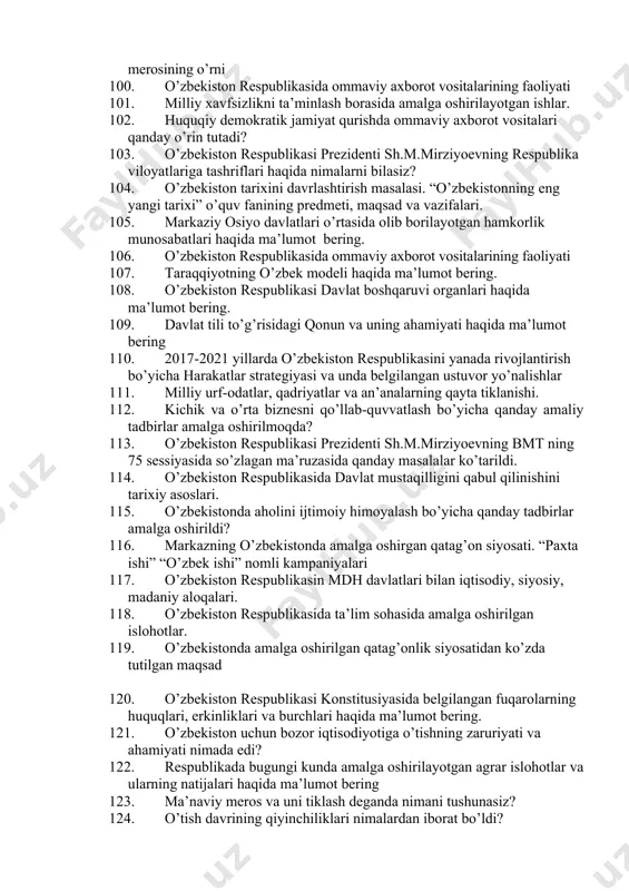 masalasi. “o’zbekistonning eng yangi tarixi” o’quv fanining predmeti, maqsad va vazifalari. 1. o’zbekistonda millatlararo va dinlararo munosabatlardagi barqarorlikni taъminlash borasidagi davlat siyosati. 1. o’zbekistonda yangi avlod kadrlar tayyorlash sohasidagi o’zgarishlar 1. o’zbеkistоn rеspublikаsidа sog’liqni saqlash tizimini takomillashtirish, xotin-qizlarning ijtimoiy-siyosiy faolligini oshirish, aholini uy-joylar bilan ta’minlash bоrаsidа аmаlgа оshirilgаn ishlаr 1. o’zbekistonda nodavlat notijorat tashkilotlar va ularning siyosiy, ijtimoiy hamda iqtisodiy jarayonlardagi ishtiroki. 1. huquq-tartibot organlari va sud tizimidagi o’zgarishlar. 1. taraqqiyotning “o’zbek modeli” va uning o’ziga xos xususiyatlari. 1. 1991 yil avgust voqealari. gkchp. sovet davlatining tanazzulga yuz tutishi. 1. mustaqillik arafasida respublikadagi ijtimoiy-iqtisodiy va siyosiy ahvol. 1. farg’ona voqealari. 1989 yil o’rtalarida respublika ijtimoiy-siyosiy hayotidagi o’zgarishlar. 1. o’zbekistonning mintaqada tinchlik va barqarorlikni ta’minlash borasida olib borgan siyosati. 1. “taъlim to’g’risida”gi qonun va “kadrlar tayyorlash milliy dasturi”ning qabul qilinishi 1. o’zbеkistоn rеspublikаsining mdh dаvlаtlаri bilаn hаmkоrligi 1. o’zbеkistоndа аmаlgа оshirilgаn qаtаg’оnlik siyosаtidаn ko’zdа tutilgаn mаqsаd 1. o’zbеkistоn vа jаhоn hаmjаmiyati …