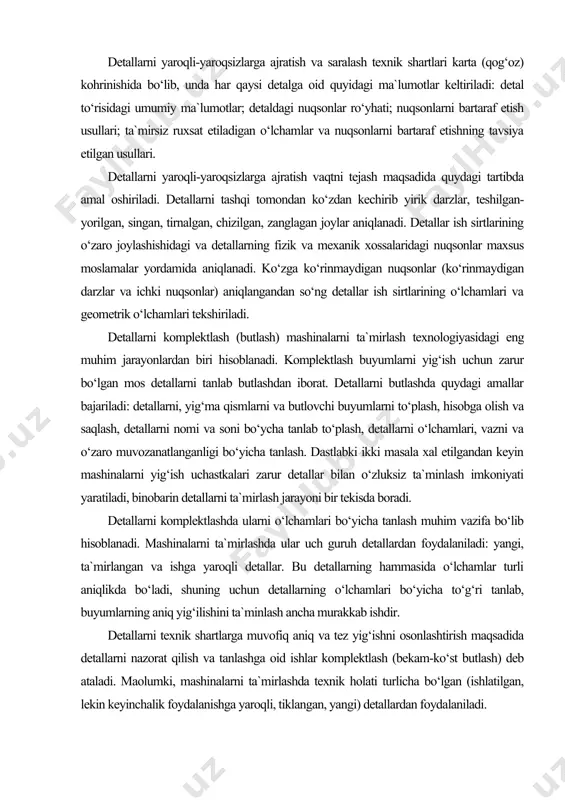 allarni ta`mirlash jarayoni bir tekisda boradi. detallarni komplektlashda ularni o‘lchamlari bo‘yicha tanlash muhim vazifa bo‘lib hisoblanadi. mashinalarni ta`mirlashda ular uch guruh detallardan foydalaniladi: yangi, ta`mirlangan va ishga yaroqli detallar. bu detallarning hammasida o‘lchamlar turli aniqlikda bo‘ladi, shuning uchun detallarning o‘lchamlari bo‘yicha to‘g‘ri tanlab, buyumlarning aniq yig‘ilishini ta`minlash ancha murakkab ishdir. detallarni texnik shartlarga muvofiq aniq va tez yig‘ishni osonlashtirish maqsadida detallarni nazorat qilish va tanlashga oid ishlar komplektlash (bekam-ko‘st butlash) deb ataladi. maolumki, mashinalarni ta`mirlashda texnik holati turlicha bo‘lgan (ishlatilgan, lekin keyinchalik foydalanishga yaroqli, tiklangan, yangi) detallardan foydalaniladi. detallar qator belgilariga qarab: yig‘ish joyida ishlatiladigan detallar ro‘yxatiga qarab; o‘lcham guruhlari va ta`mirlash o‘lchamlari bo‘yicha (qo‘shilmalarda zarur tirqish va taranglikni ta`minlash uchun), vazni bo‘yicha (jihozlarning muvozanatini ta`minlash uchun); qoldiq ish muddati bo‘yicha (yig‘ma qismlarning teng mustahkamligini ta`minlash uchun) tanlanadi. bu ishlarning hammasi komplektlash bo‘limida amalga oshiriladi. dvigatellarning baozi bir detallari komplektlashda faqat vazni bo‘yicha tanlanadi. bunday detallarga shatunlar va porshenlar kiradi. …
