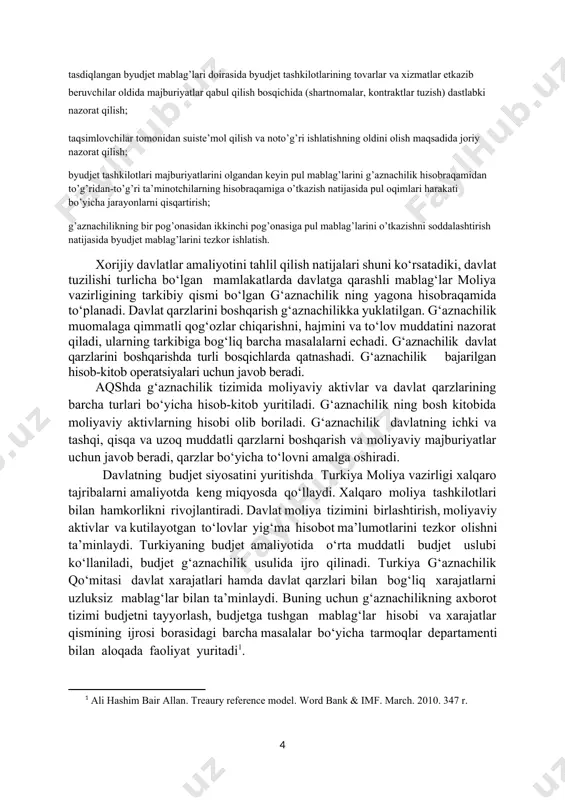 izmatlar etkazib beruvchilar oldida majburiyatlar qabul qilish bosqichida (shartnomalar, kontraktlar tuzish) dastlabki nazorat qilish; 1. taqsimlovchilar tomonidan suiste’mol qilish va noto’g’ri ishlatishning oldini olish maqsadida joriy nazorat qilish; 1. byudjet tashkilotlari majburiyatlarini olgandan keyin pul mablag’larini g’aznachilik hisobraqamidan to’g’ridan-to’g’ri ta’minotchilarning hisobraqamiga o’tkazish natijasida pul oqimlari harakati bo’yicha jarayonlarni qisqartirish; 1. g’aznachilikning bir pog’onasidan ikkinchi pog’onasiga pul mablag’larini o’tkazishni soddalashtirish natijasida byudjet mablag’larini tezkor ishlatish. xorijiy davlatlar amaliyotini tahlil qilish natijalari shuni ko‘rsatadiki, davlat tuzilishi turlicha bo‘lgan mamlakatlarda davlatga qarashli mablag‘lar moliya vazirligining tarkibiy qismi bo‘lgan g‘aznachilik ning yagona hisobraqamida to‘planadi. davlat qarzlarini boshqarish g‘aznachilikka yuklatilgan. g‘aznachilik muomalaga qimmatli qog‘ozlar chiqarishni, hajmini va to‘lov muddatini nazorat qiladi, ularning tarkibiga bog‘liq barcha masalalarni echadi. g‘aznachilik davlat qarzlarini boshqarishda turli bosqichlarda qatnashadi. g‘aznachilik bajarilgan hisob-kitob operatsiyalari uchun javob beradi. aqshda g‘aznachilik tizimida moliyaviy aktivlar va davlat qarzlarining barcha turlari bo‘yicha hisob-kitob yuritiladi. g‘aznachilik ning bosh kitobida moliyaviy aktivlarning hisobi olib boriladi. g‘aznachilik davlatning …