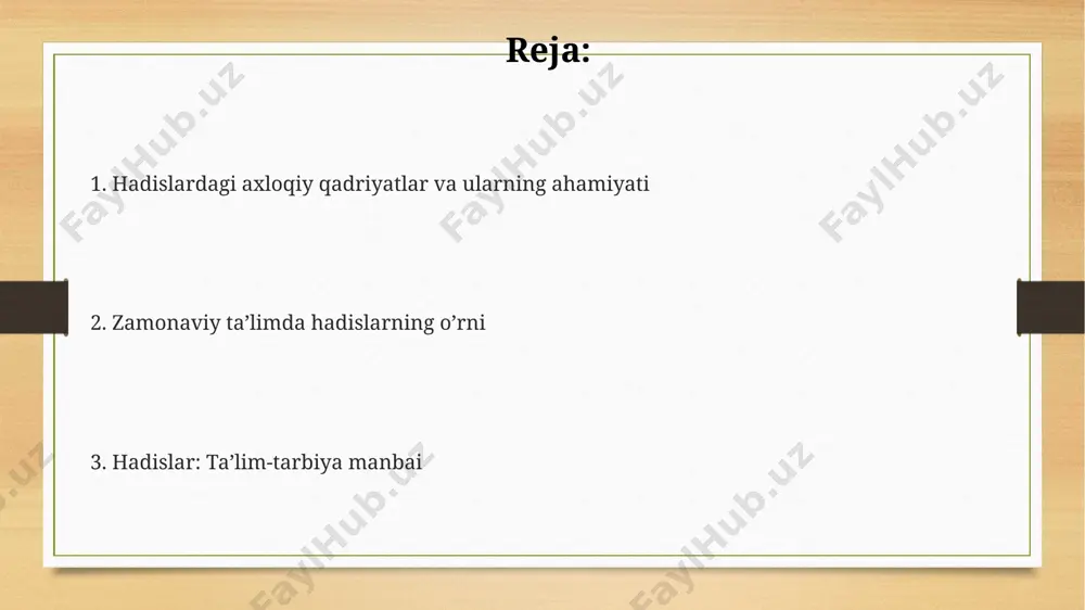 saqlanadi. hadislarda 300 dan ortiq misol keltirilgan bo'lib, ular mehnatning ahamiyati, 100 turdagi kasb-hunarlarga oid tavsiyalar va 5 ta asosiy mehnat axloqi qoidalarini o'z ichiga oladi. payg'ambarimiz (s.a.v.)ning hayotlari va ta'limlari paygʻambarimiz (s.a.v.)ning oʻzining 12 yoshli qizi fotimaga oʻqish va yozishni oʻrgatganligi, ta'limga boʻlgan shaxsiy munosabatini va oilasidagi ta'limga boʻlgan ahamiyatini aks ettiradi. paygʻambarimiz (s.a.v.)ning 63 yillik hayoti davomida makka va madina kabi muhim shaharlarda 10 dan ortiq yirik janglarda strategik ahamiyatga ega qarorlar qabul qilganligi ularning harbiy liderlik sifatlarini namoyon etadi. hadislarda ta'kidlangan 7 yoshdan 15 yoshgacha boʻlgan bolalarga oʻqishni oʻrgatish zarurati, ta'limning muhimligini va ilm izlashning diniy jihatdan qanchalik muhimligini koʻrsatadi. ilm olishga undovchi hadislar hadislar, ilm izlashning, hatto uzoq masofalarga, masalan, 100 mil masofaga borishni talab qilgan taqdirda ham, farz ekanligini va bu yo'lda qilingan harakatlarning mukofotlanishini bayon qiladi. ibn moja va termiziy rivoyat qilgan hadislarda ilm izlashning 70 ga yaqin darajasi borligi, bu esa ilm olishning …