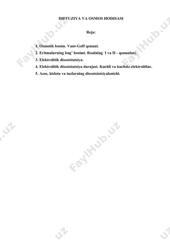 an, mis ko’porosi eritmasi shimdirilgan g’ovak sopol silindr kaliygeksatsiano (ii)-ferrat eritmasiga tushirilsa, silindr g’ovaklariga mis geksatsiano (ii)-ferrat cho’kib qoladi. shunday usul bilan ishlangan silindr yarimo’tkazgich parda xossasiga ega bo’lib qoladi. silindrga shakar eritmasi solinib, suvga botirilsa, faqat suv molekulalarining o’tishi hisobiga sopol idishdagi eritmaning hajmi ko’paya boshlaydi, undagi qandning konsentratsiyasi kamaya boshlaydi. yarimo’tkazgich orqali bo’ladigan bunday bir yoqlama diffuziya osmos deb ataladi. eritmaning ko’tarilishi hisobiga nayda suv ustunining ortiqcha bosimi vujudga keladi. bunday gidrostatik bosim eritmaning osmotik bosimi deyiladi. gidrostatik bosim ma’lum qiymatga yetganda osmos to’xtaydi va muvozanat hosil bo’ladi. osmos hodisasi xayvonlar va o’simliklar organizmi hayotida muhim rol uynaydi. xujayralar po’sti suv yaxshi o’ta oladigan, lekin xujayra ichi suyuqligida erigan moddalar deyarli o’ta olmaydigan pardadan iborat. turli eritmalarning osmotik bosimini o’lchash natijasida 1886 yilda golland olimi vant-goff elektrolit bo’lmagan moddalarning uncha yuqori bo’lmagan konsentratsiyali eritmalarini osmotik bosimini konsentratsiya va haroratga bog’- liqligini aniqladi (vant-goff qonuni): p = c · …