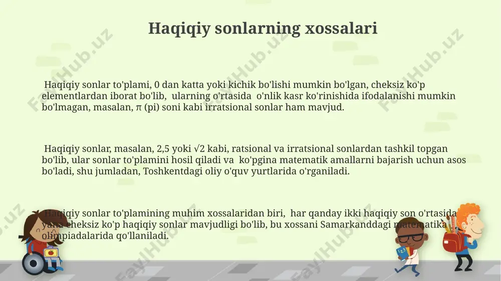 arkand shahriga sayohat qilish uchun kerakli vaqtni hisoblashda, tezlik va vaqtni hisobga olgan holda, haqiqiy sonlardan foydalanilamiza. haqiqiy sonlar ustida amallar haqiqiy sonlar ustida qo'shish va ayirish amallari kommutativ va assotsiativ xususiyatlarga ega bo'lib, 0 soni qo'shish uchun neytral element, masalan, 5+0=5, va har qanday a soni uchun -a teskari son mavjud. haqiqiy sonlarning ko'paytirish amali ham kommutativ va assotsiativ xususiyatlarga ega, 1 soni ko'paytirish uchun neytral element hisoblanadi, masalan, 31=3, va 0 dan farqli har bir a soni uchun 1/a teskari son mavjud. uzbekistanning samarqand shahridagi matematika olimpiadasi masalalarida ko'pincha 2, 3, 7 kabi tub sonlar yordamida tuzilgan tenglamalarni haqiqiy sonlar to'plamida yechish talab etiladi, bu esa sonlarning xossalarini chuqur tushunishni talab qiladi. e'tiboringiz uchun rahmat @taqdimot_robot image1.png